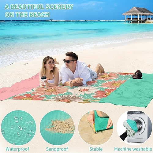 Miniatura 4 de BYDOLL Manta de playa impermeable a prueba de arena de 78 x 110 pulgadas, trajes de 1 a 7 adultos, compacta, ligera, de gran tamaño, sin arena,