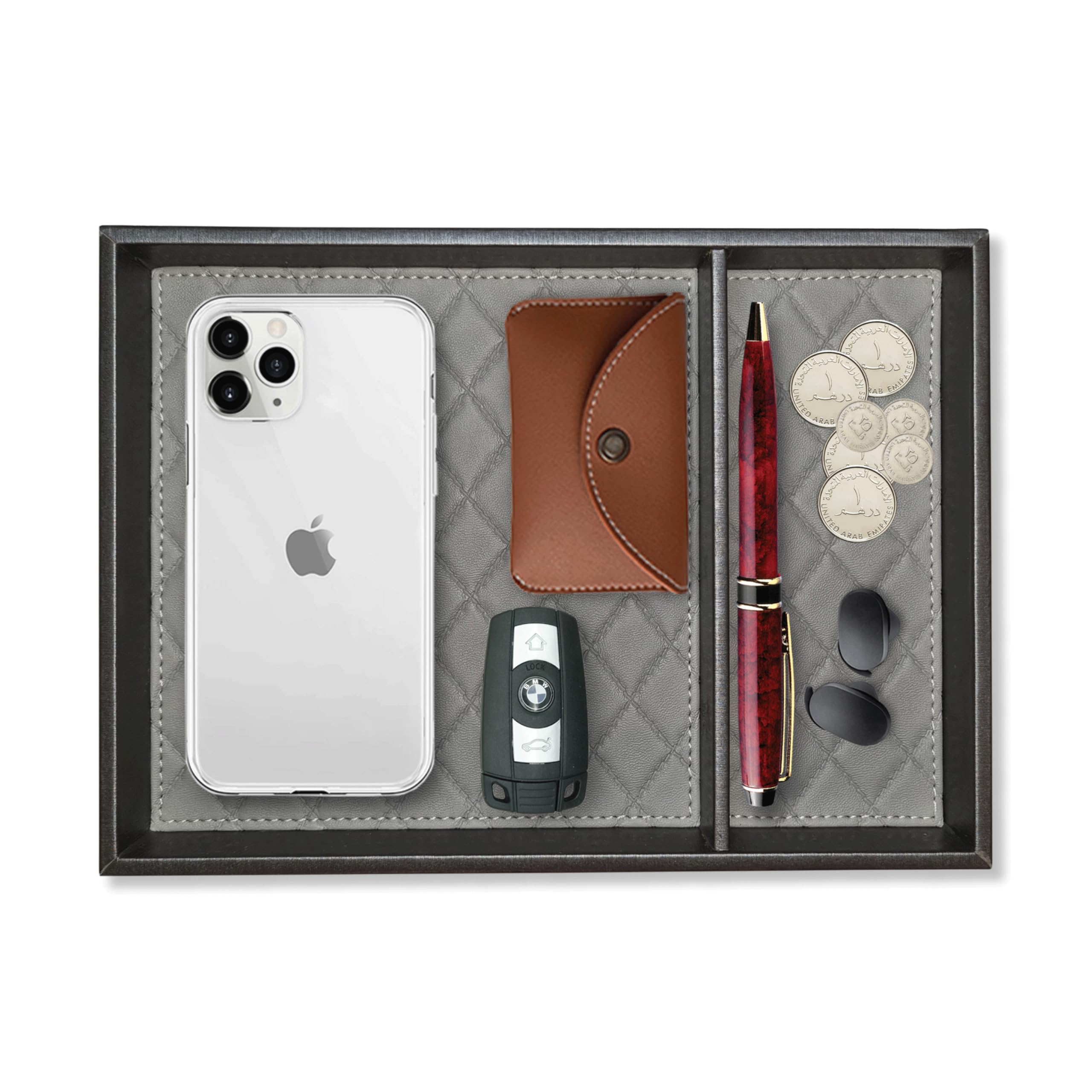 LEART Leather Valet Tray with Divider - Leather Tray Organizer | Bedside, Nightstand, Office Desk Organizer | Catchall Tray for Wallet, Mobile Phone, Watch, Stationary (Grey)