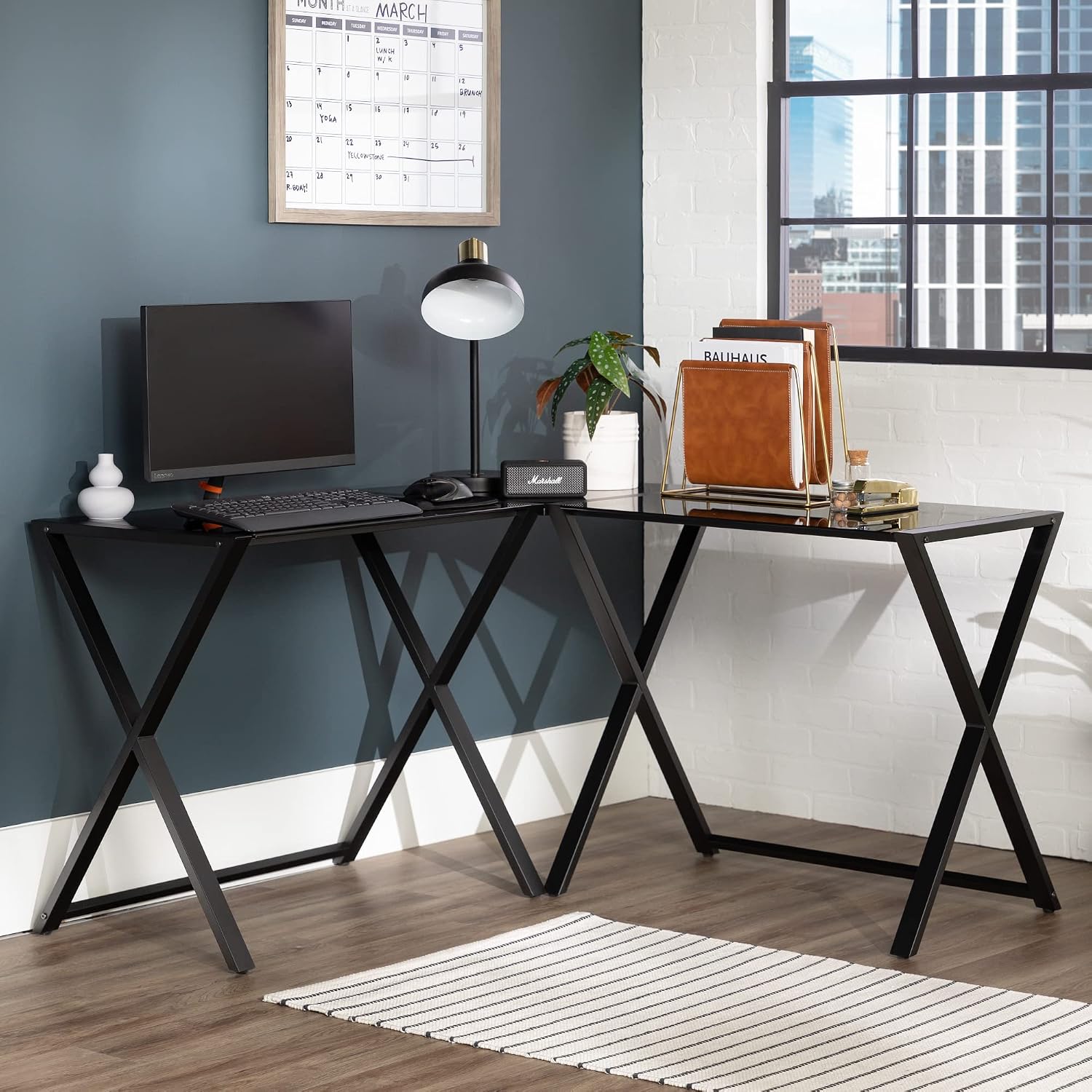 Walker Edison Wright Modern X Leg Glass Top Corner Gaming Desk, 51 Inch, Black