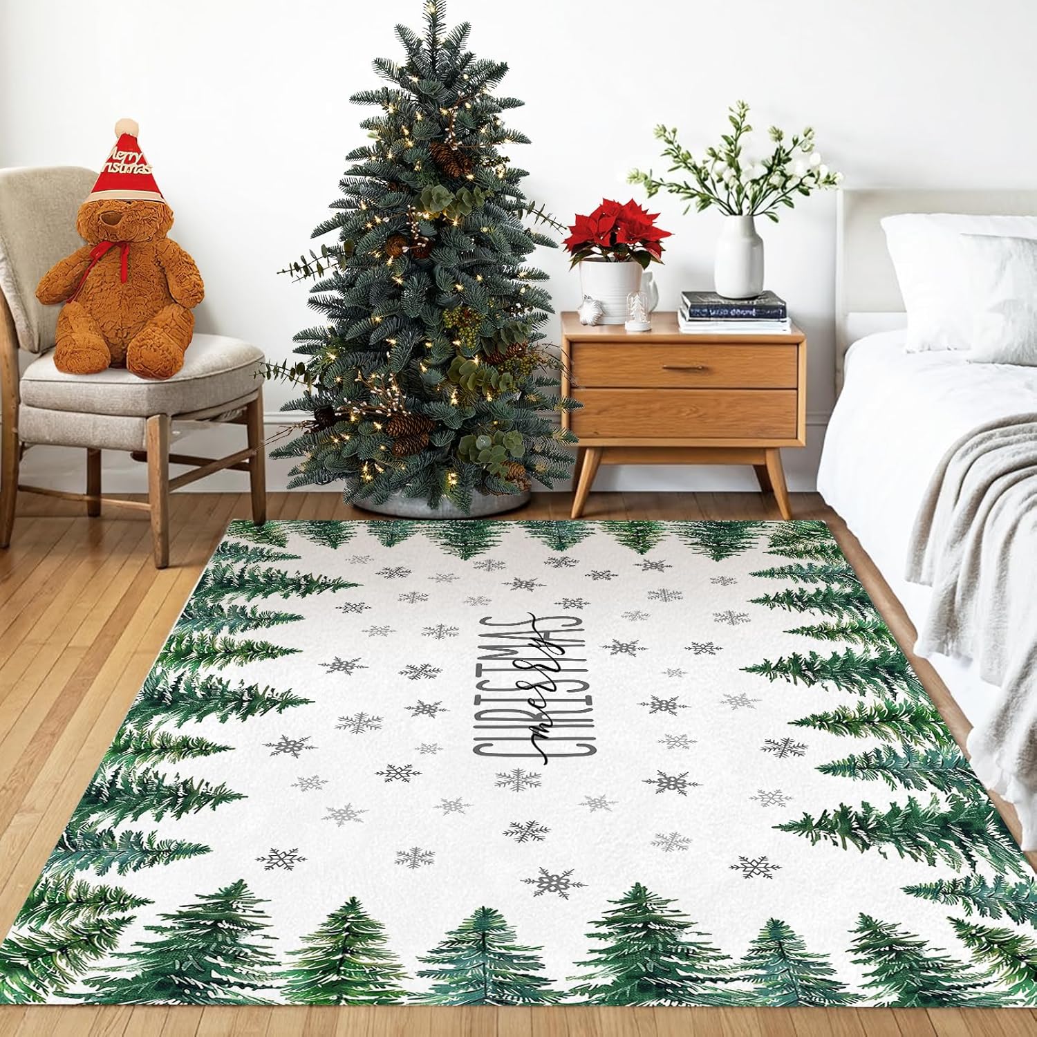 Merry Christmas Tree Washable Area Rug 5 x 7 Ft, Xmas Holiday Soft Non Slip Large Rugs Indoor Home Decor, Winter Entryway Floor Carpet Living Room Bedroom Kitchen Dining Room Decoration