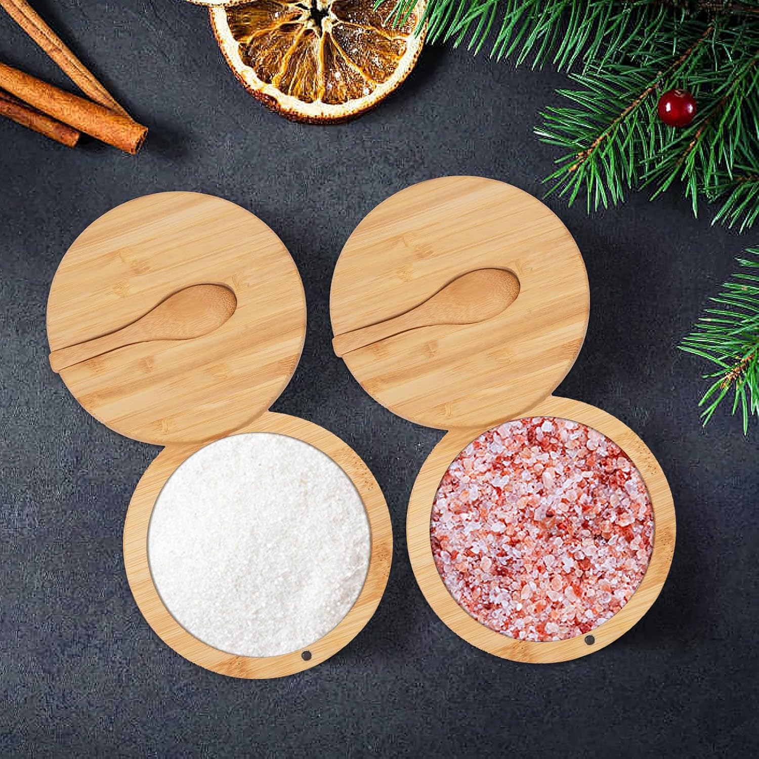 3Pcs Bamboo Salt Cellar, Salt Box Bowl with Magnetic Swivel Lid & Spoon, Round Salt Container Holder Spice Box with Label Stickers to Storage Pepper Spice Sea Herbs Sugar for Countertop,6 OZ