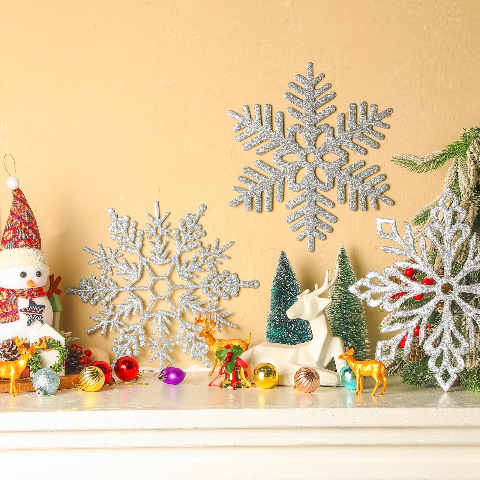 Lot de 24 flocons de neige géants à paillettes en plastique avec fil en nylon de 50 m pour décoration de Noel intérieure et extérieure Argenté 30,5 cm