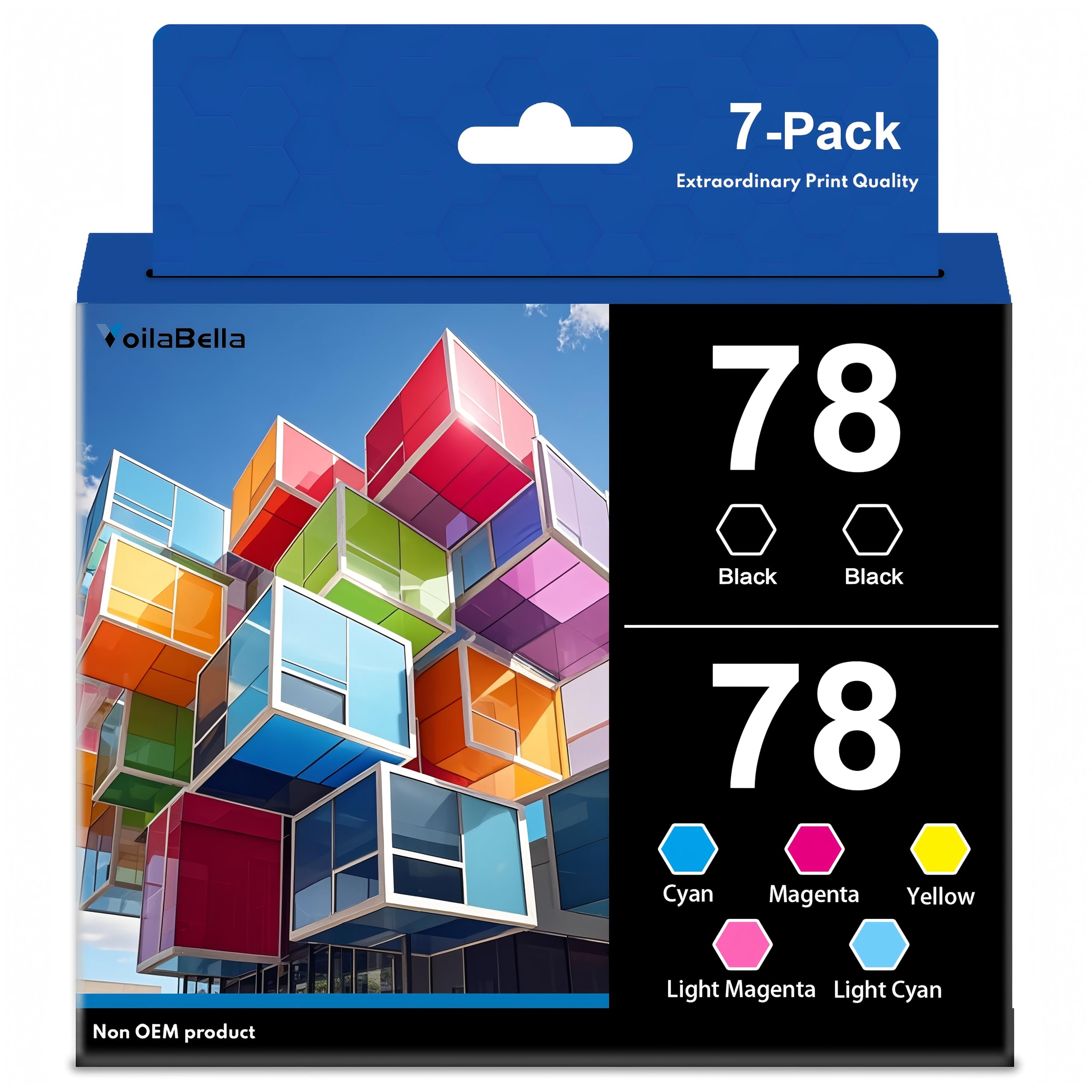 Photo 1 of VoilaBella 78 Ink Cartridge High Yield Black & Color Cartridge Combo Pack Replacement for 78 T078 Works with Artisan 50 Stylus Photo R260 R280 R380 RX580 RX595 RX680 Printer 7-Pack (2Bk/C/Y/M/LC/LM)