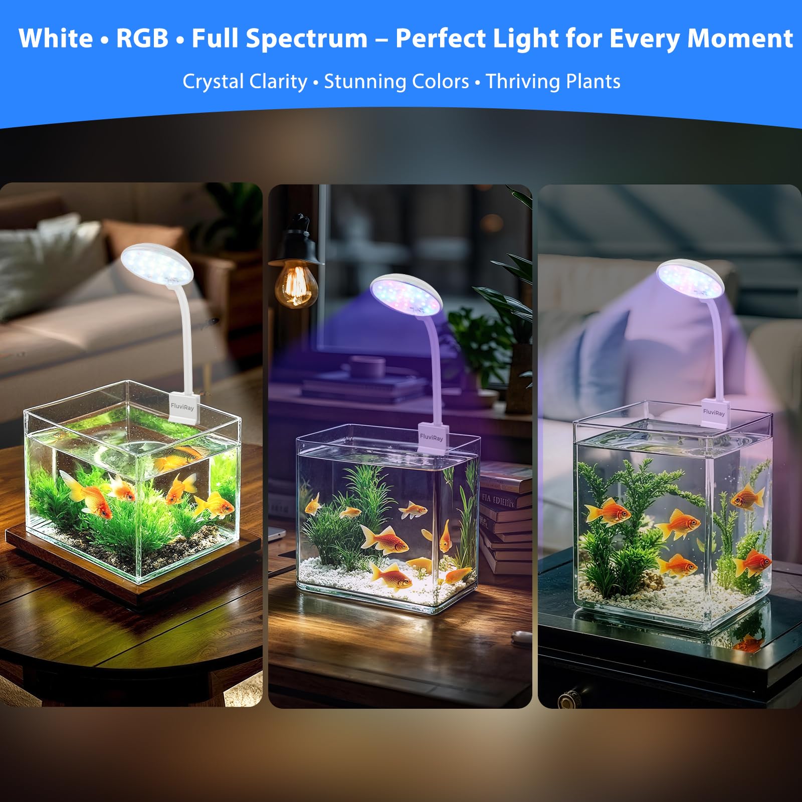 Mini Clip On Aquarium Licht 7W USB Dimmbar Fisch Tank Lampe mit 3 Lichtmodi (Weiß/RGB/Vollspektrum), 9-stufige Helligkeit, 360° Verstellbarer Schwanenhals für 1-3 Gallonen Tanks