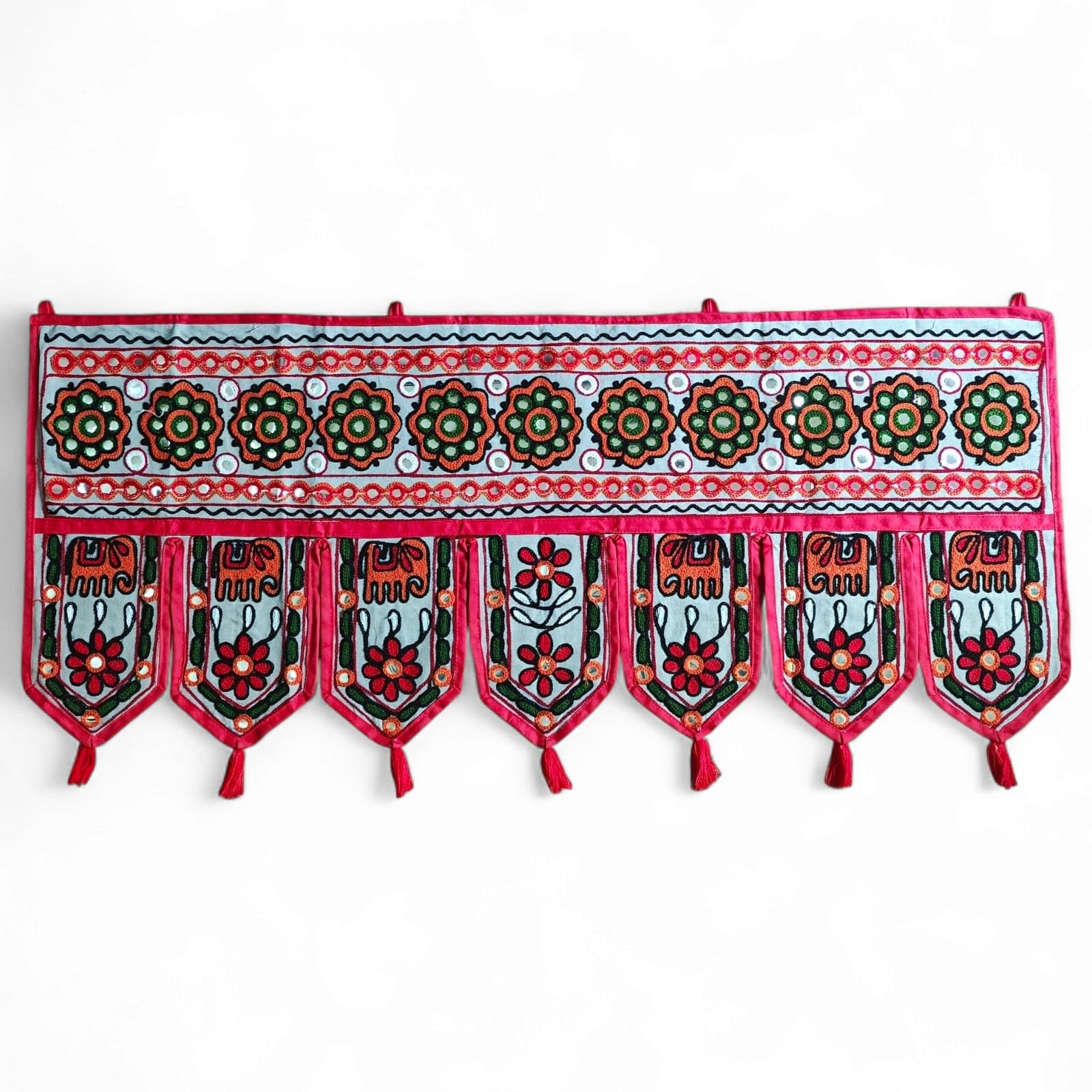 Original Kikan Elephant Handmade Tapestry Cotton Door Wall Hanging Ethnic Topper Toran Indian Window Valance (37 x14 Inches) (GREY)