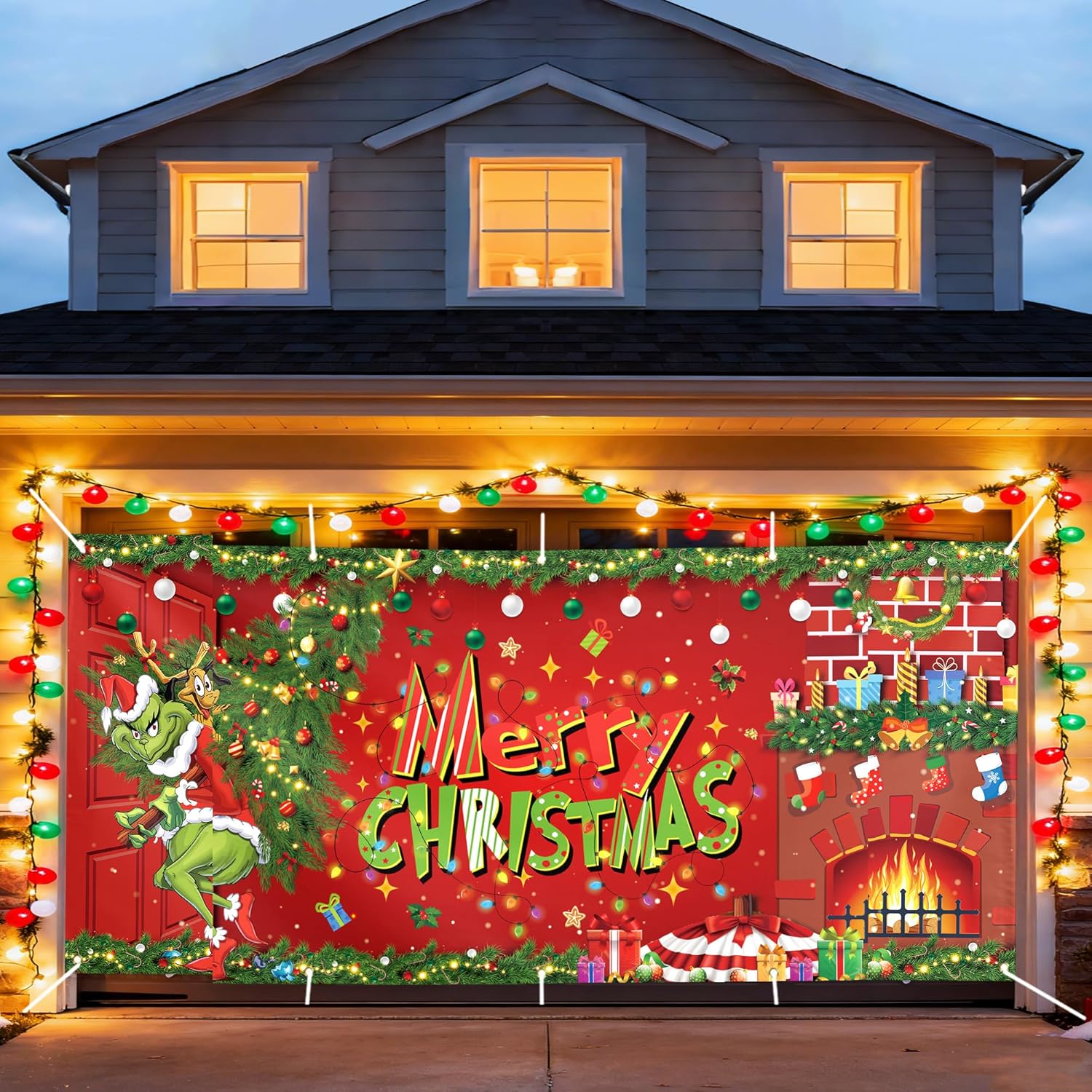 Christmas Garage Door Cover Red and Green Xmas Backdrop Hanging Sign Winter Seasonal Holiday Decor Merry Christmas Decorations for Garage Door