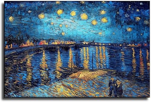 Vincent Van Gogh Noche Estrellada Sobre El Rodano - Póster de arte en lienzo y arte de pared, póster moderno para decoración de dormitorio familiar,