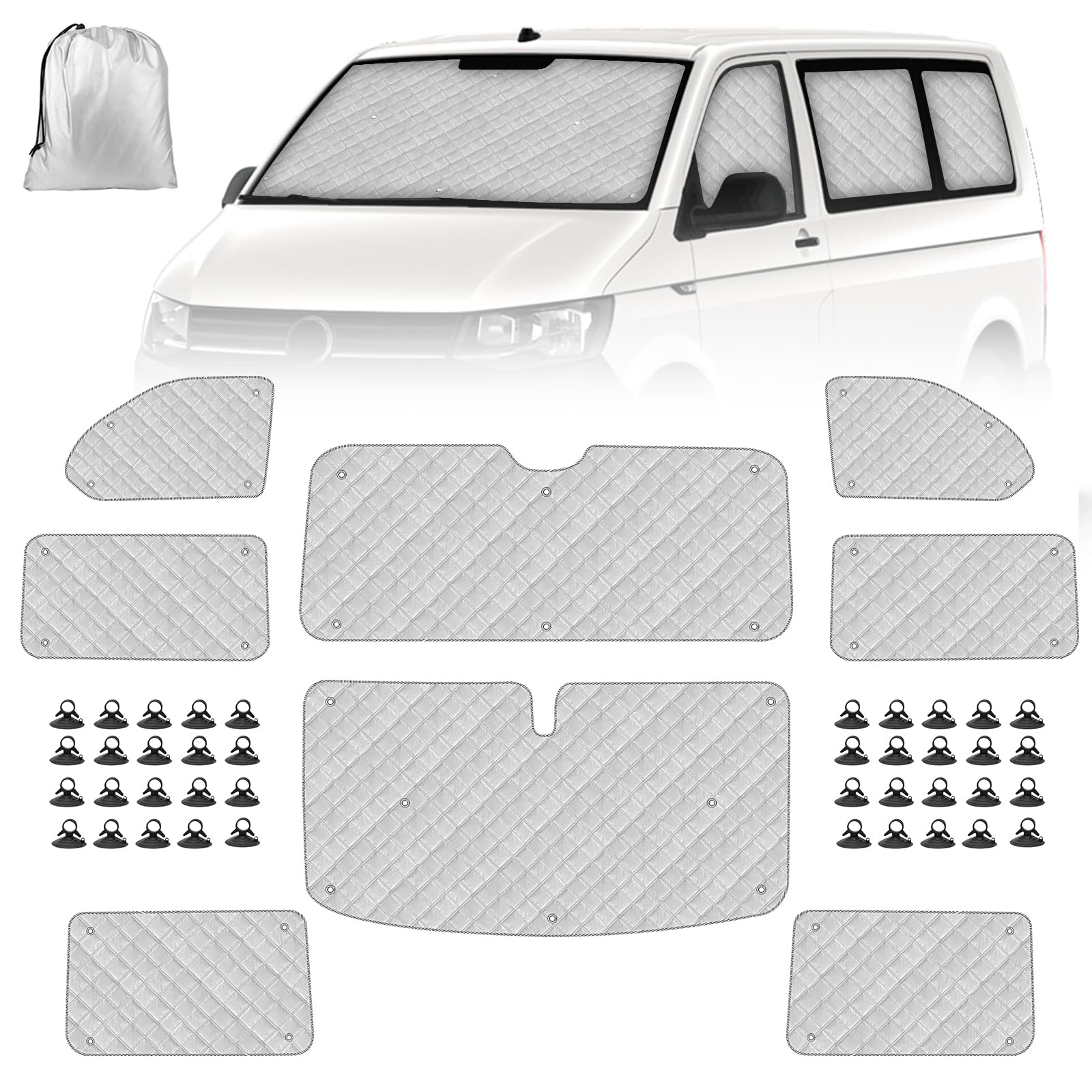 Sonnenschutz Auto Frontscheibe Ersatz für VW T5 T6 SWB, 8PCS Sonnenschutz Windschutzscheiben Schutz Set, Internes Thermisches Jalousie Fenster Set mit Aufbewahrungstasche, 100% Okklusion (8PCS-SWB)