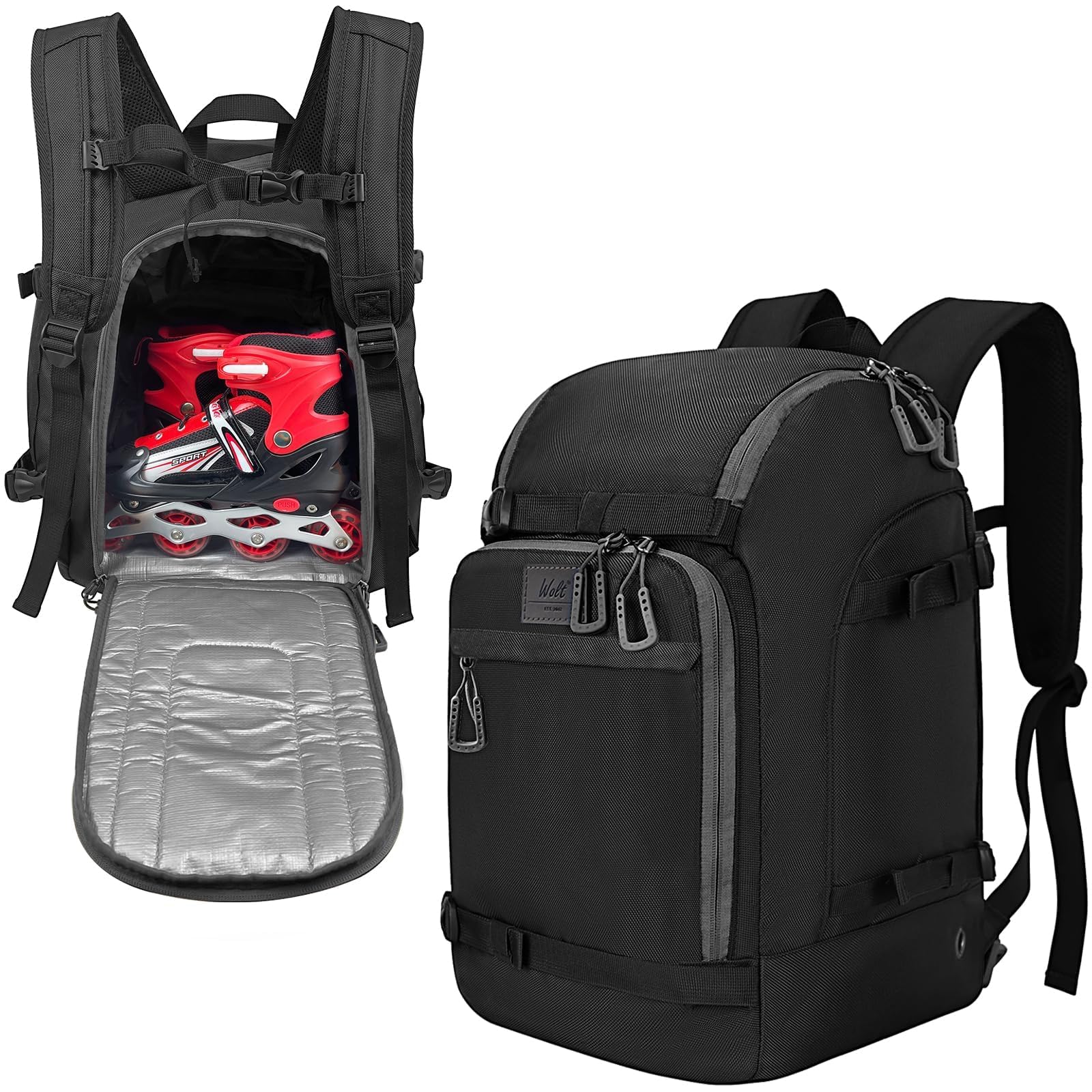 WOLT Roller Skate Bag for Women Men, Ice Skate Bag Backpack with Top Helmet Pocket for Roller Blade Fits Shoes Up To Us Mens 12.5 for Inline, Figure, Quad, Speed, Hockey Skating