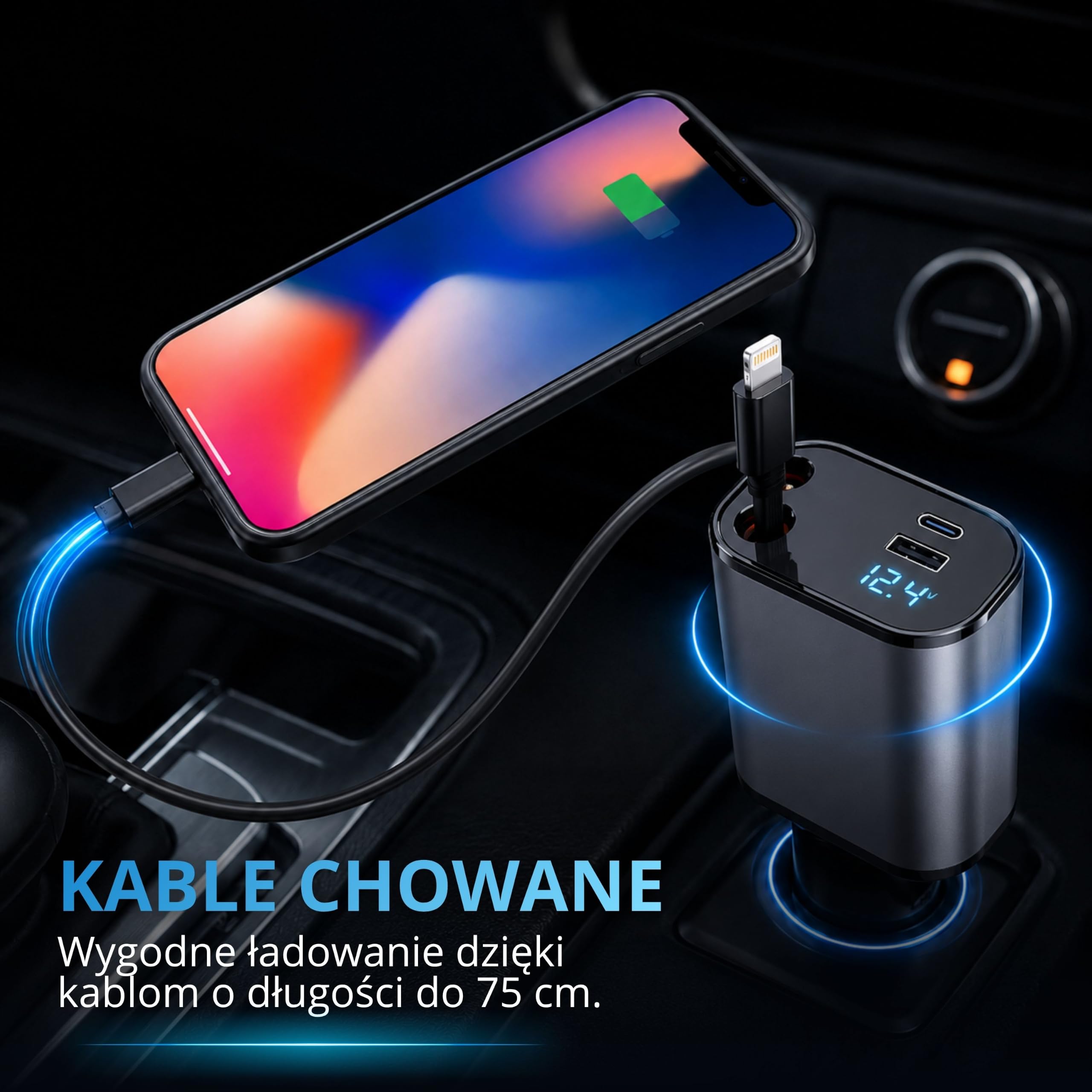 AutoSky Wysuwana ładowarka samochodowa 4 w 1 z szybkim ładowaniem – kabel USB-C i Lightning oraz port USB-C i USB-A