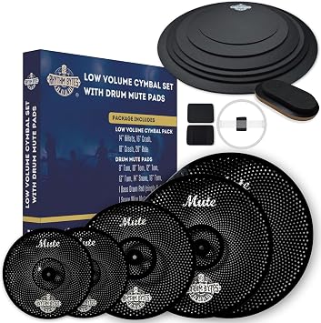 Rhythm Bytes Low Volume Cymbal Pack with Drum Silencer Pads, 13pcs, Cymbals Set - 14"/16"/18"/20", Drum Mute Pads - 8"/10"/12"/13"/14"/16", 1 Bass Mute, 1 Snare Wire Mute