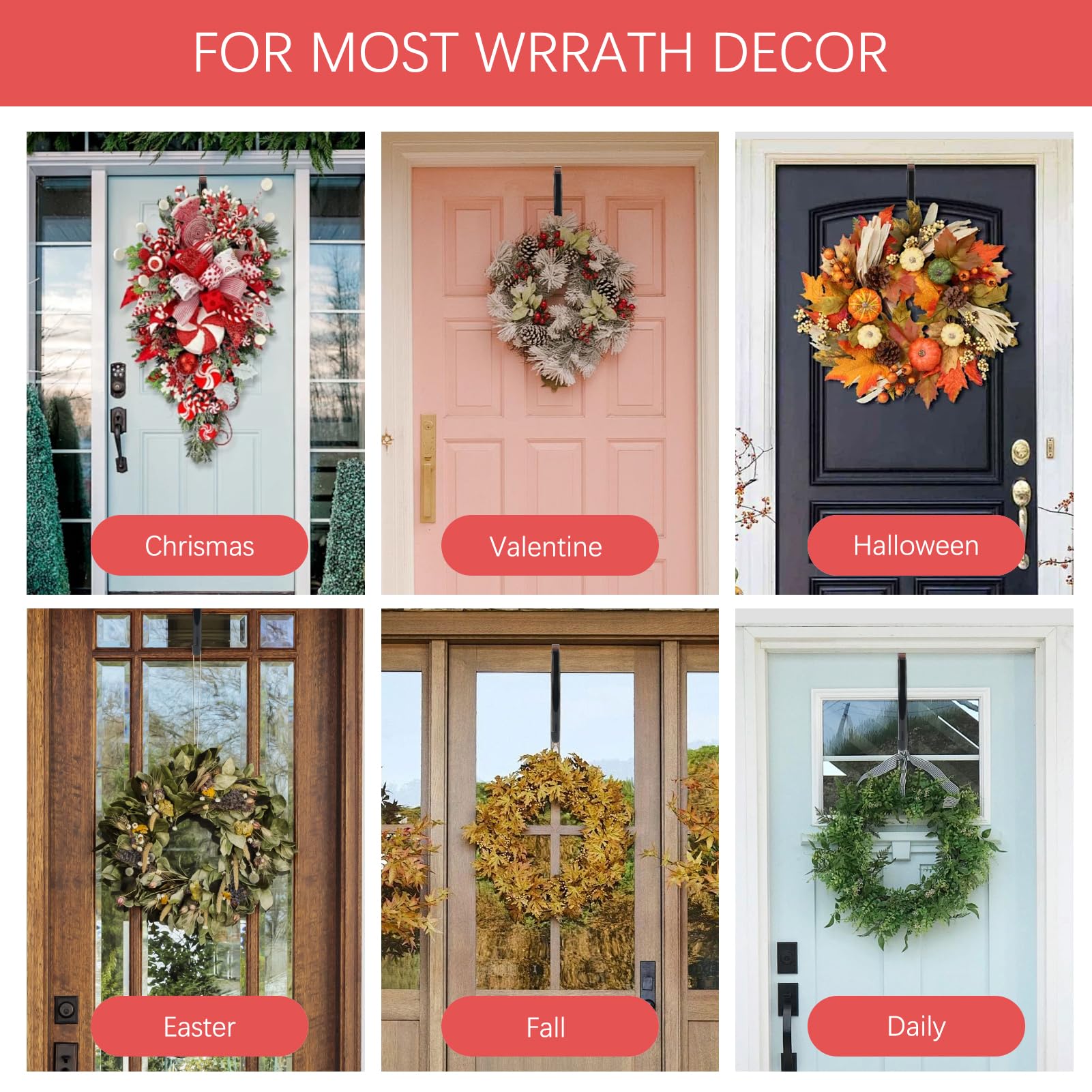 Wreath Hangers for Front Door,15 Sturdy Metal Wreath Doors Hangers,Over The Door Hooks for Front Porch Decor,Garland Hooks Holders for Halloween