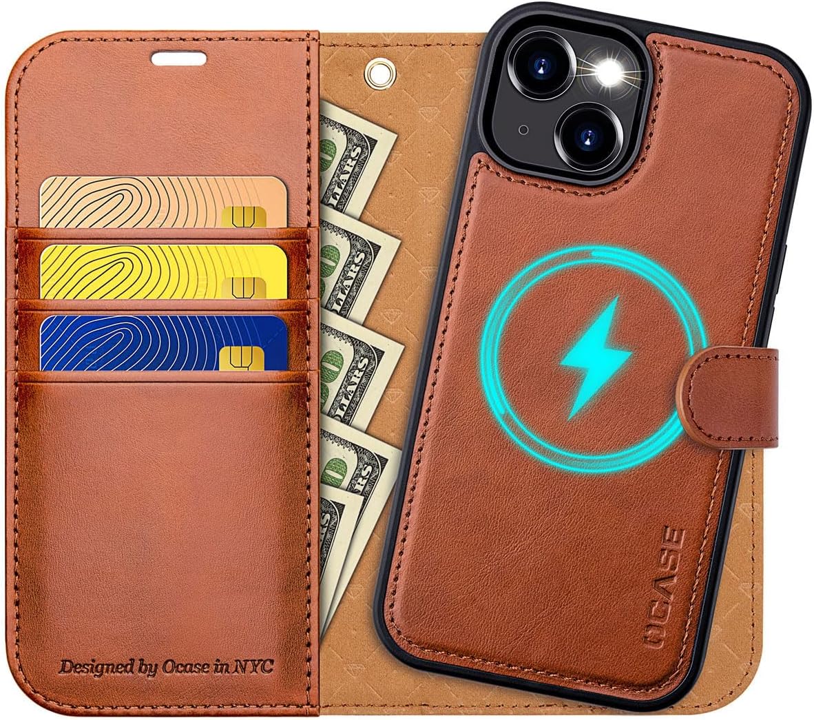 OCASE Compatibel met iPhone 16 Plus hoesje (2-in-1) leren schokbestendige hoes, afneembare magnetische hoes, draadloos opladen, kaartsleuf, standaardfunctie, RFID-beschermhoes flipcase bruin