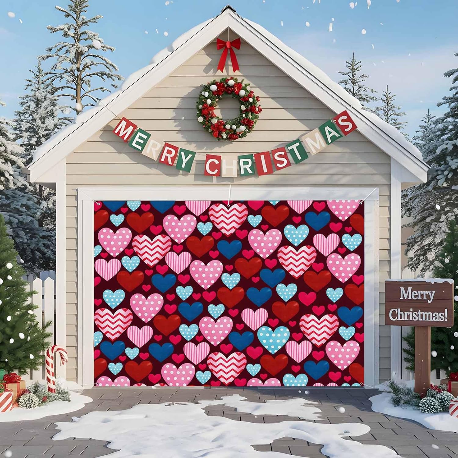 Valentines Garage Door Cover 7x8Ft Garage Door Banner Cover, Watercolor Pink Red Blue Love Heart Garage Door Decorations Backdrop for Christmas Holiday Garage Door Covers