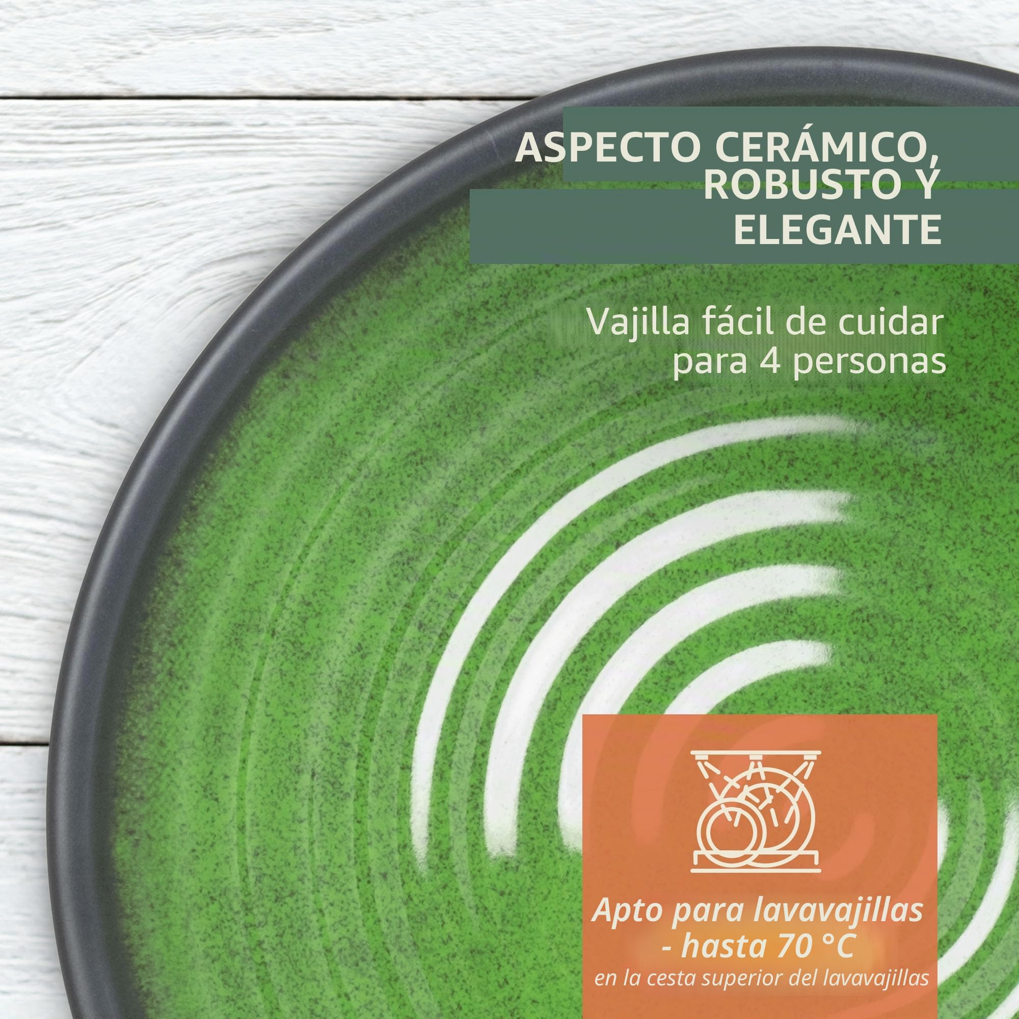 Moritz Vajilla de melamina para camping para 4 personas, 12 piezas, apta para lavavajillas, vajilla de pícnic, vajilla de camping, diseño de piedra verde