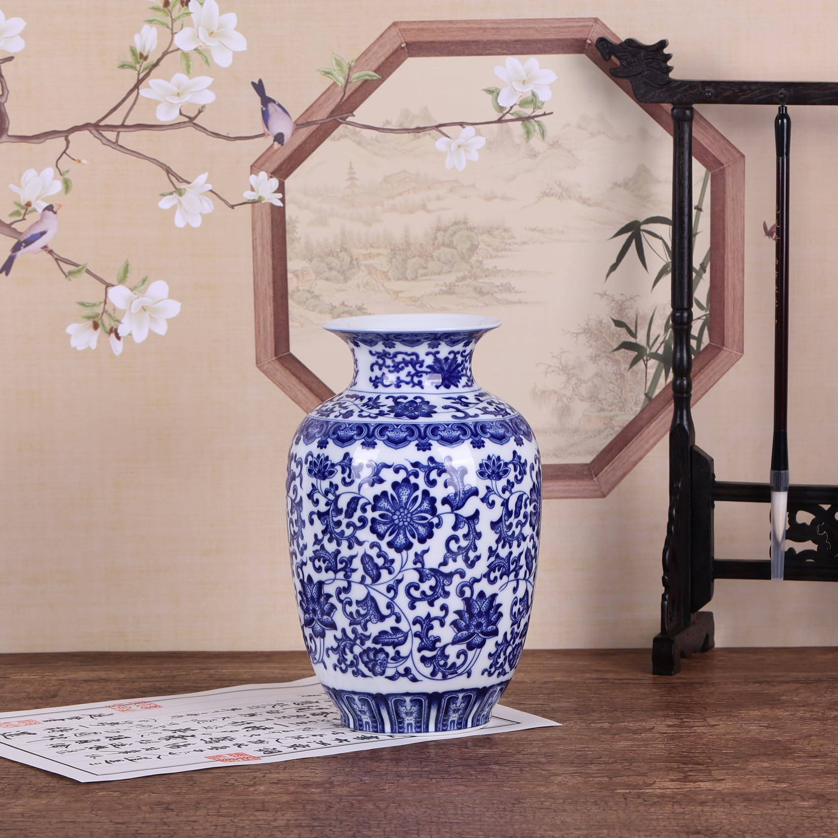Jarrones tradicionales de porcelana azul y blanca de cuerpo delgado, cerámica chinoiserie pintado a mano con diseño floral, ligeros para decoración del hogar