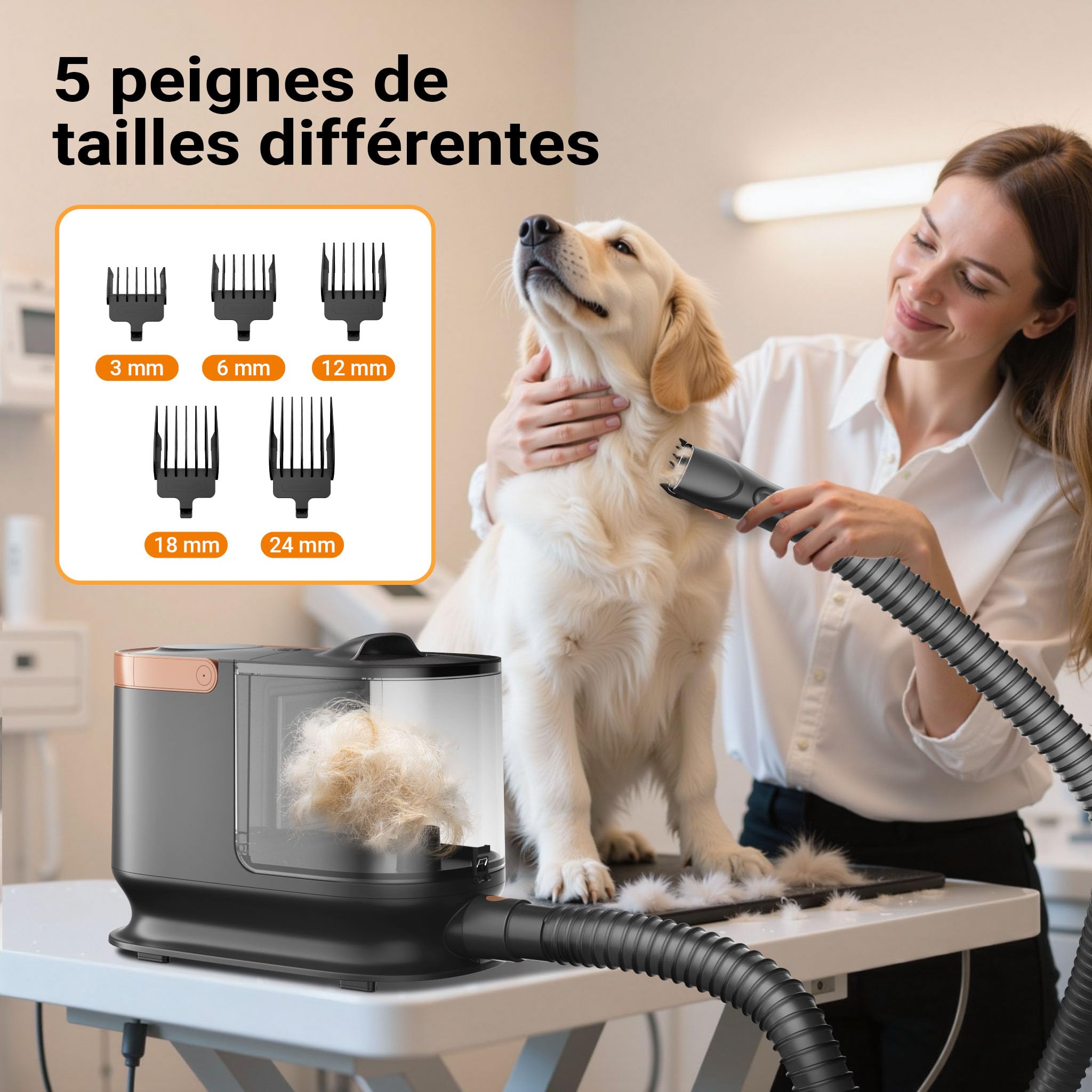 Fudajo Tondeuse pour chien avec aspirateur à poils d’animaux, 323 x 168 x 264 mm, 6 outils de toilettage pour animaux, boîte à poussière 2,5 L, tondeuse-aspirateur noire