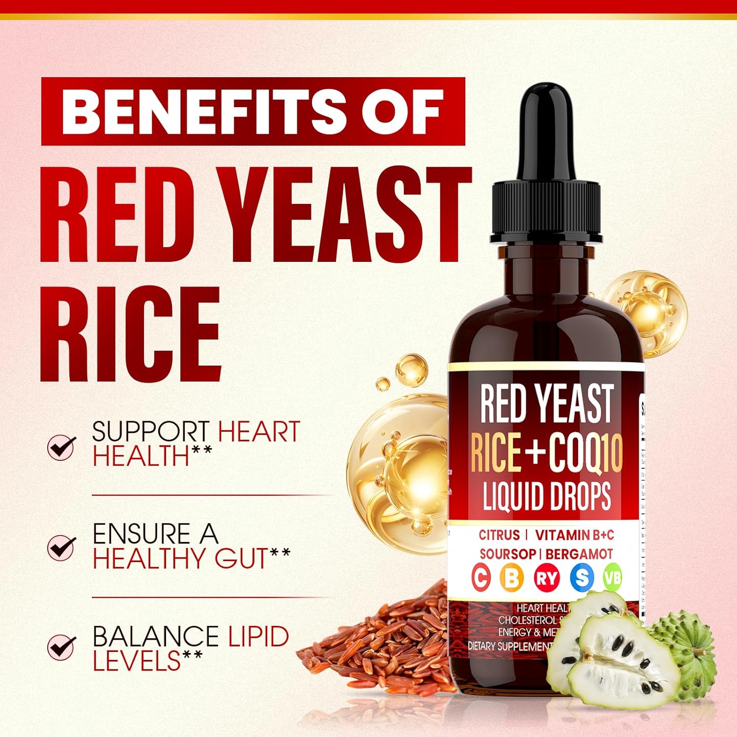 Red Yeast Rice with Coq10 Liquid Drops, Red Rice Yeast for Cholesterol, with Citrus Bergamot, Immune & Heart Support - 120ML (3)