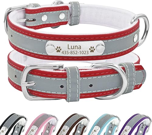 Miniatura 10 de Collar de perro de cuero reflectante personalizado con forro cálido, collar de perro personalizado con placa de nombre grabada para perros y gatos