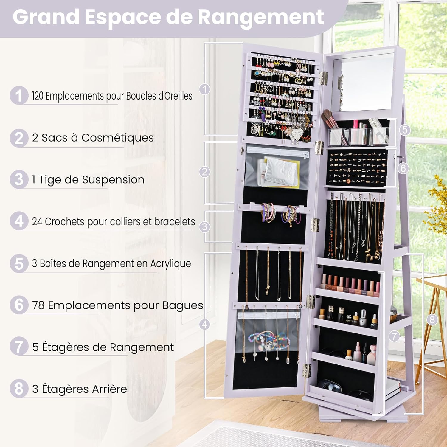 Падрабязны view of the COSTWAY Jewelry Armoire's internal storage, showing earring slots, necklace hooks, ring grooves, and shelves.
