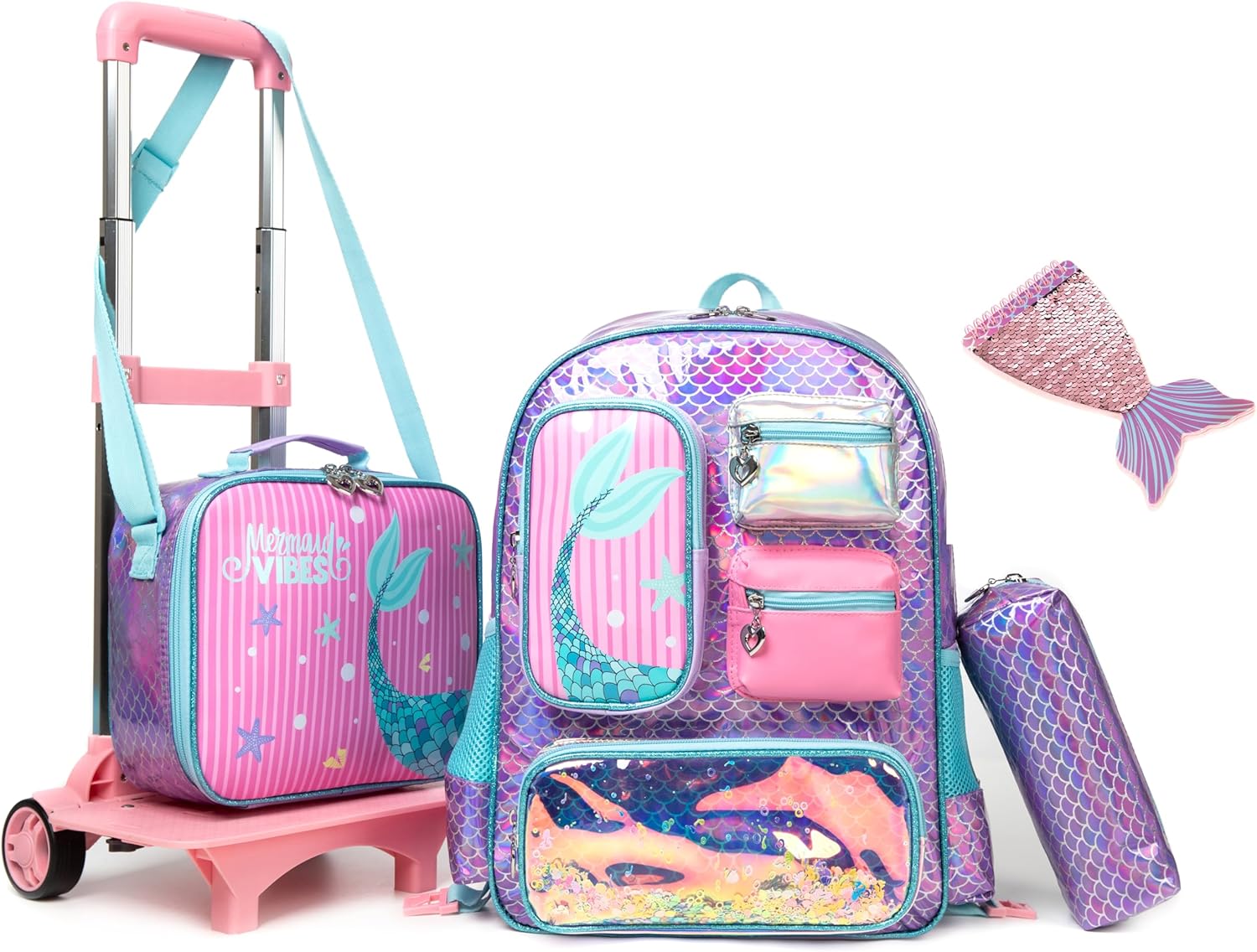 Rolling Backpack for Girls with Wheels Kids Rolling Backpack with Lunch Bag 3PCS Easy and Convenient Mermaid Backpack, Purple