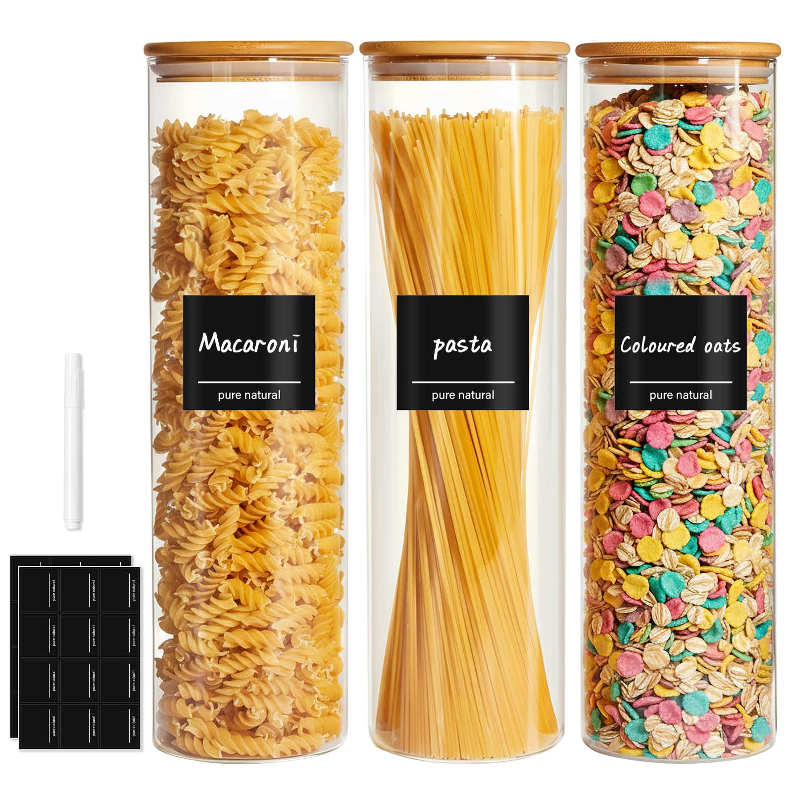 BJNN Glass Jars with Bamboo Lids,3pcs Glass Storage Containers with Airtight Lids Storage Jars Food Storage Containers for Pasta,Flour,Cereal,Sugar,Cookie