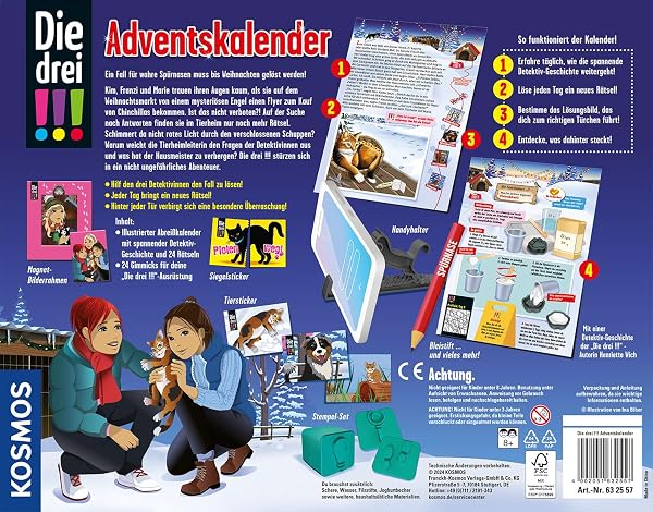 Besuche den Kosmos- KOSMOS 632557 Die drei !!! Adventskalender, Entdecke in 24 spannenden Rätseln das Geheimnis im Tierheim, mit 24 Detektiv-Gimmicks, Spielzeug-Adventskalender für Kinder ab 8 Jahre in use