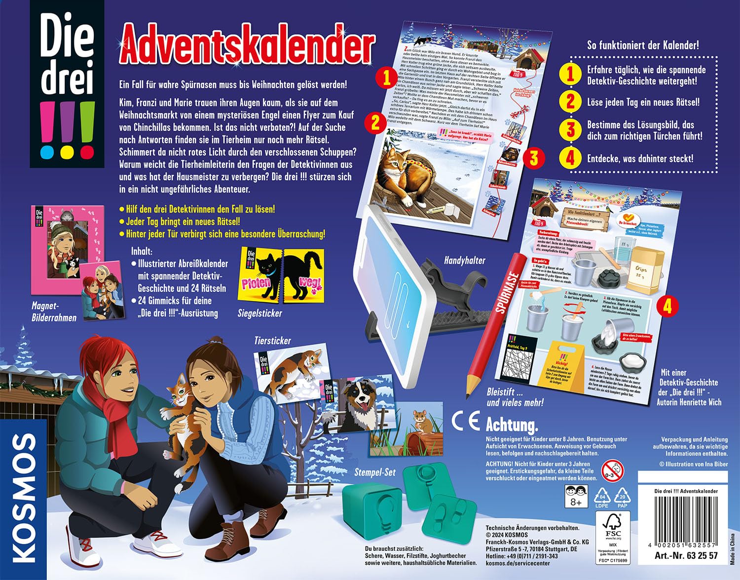 Besuche den Kosmos- KOSMOS 632557 Die drei !!! Adventskalender, Entdecke in 24 spannenden Rätseln das Geheimnis im Tierheim, mit 24 Detektiv-Gimmicks, Spielzeug-Adventskalender für Kinder ab 8 Jahre in use