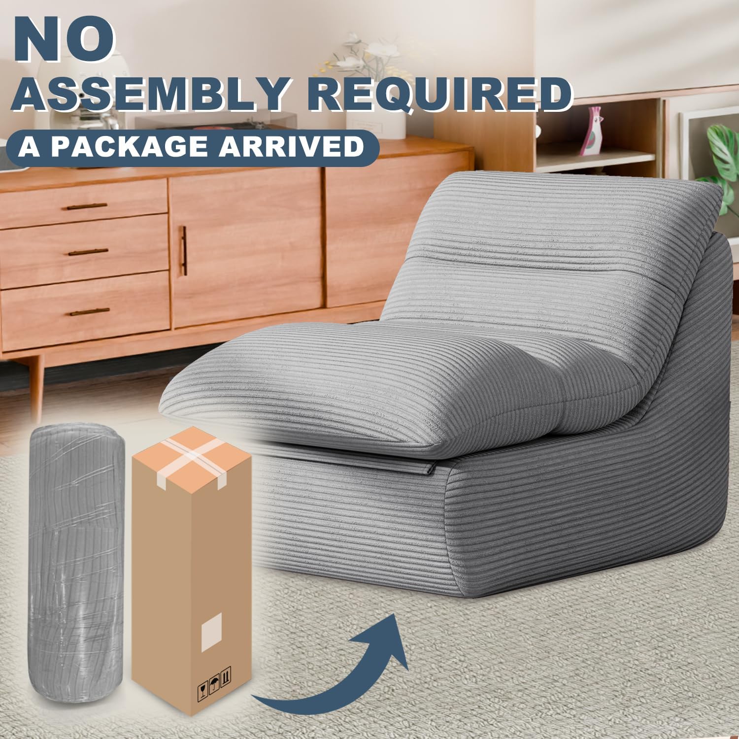 Vonesse Bean Bag Chair, Double-Layered Bean Bag Chair for Adults, Comfortable Memory Foam Bean Bag Sofa, Corduroy Bean Bag Couches for Living Room Bedroom (Grey)