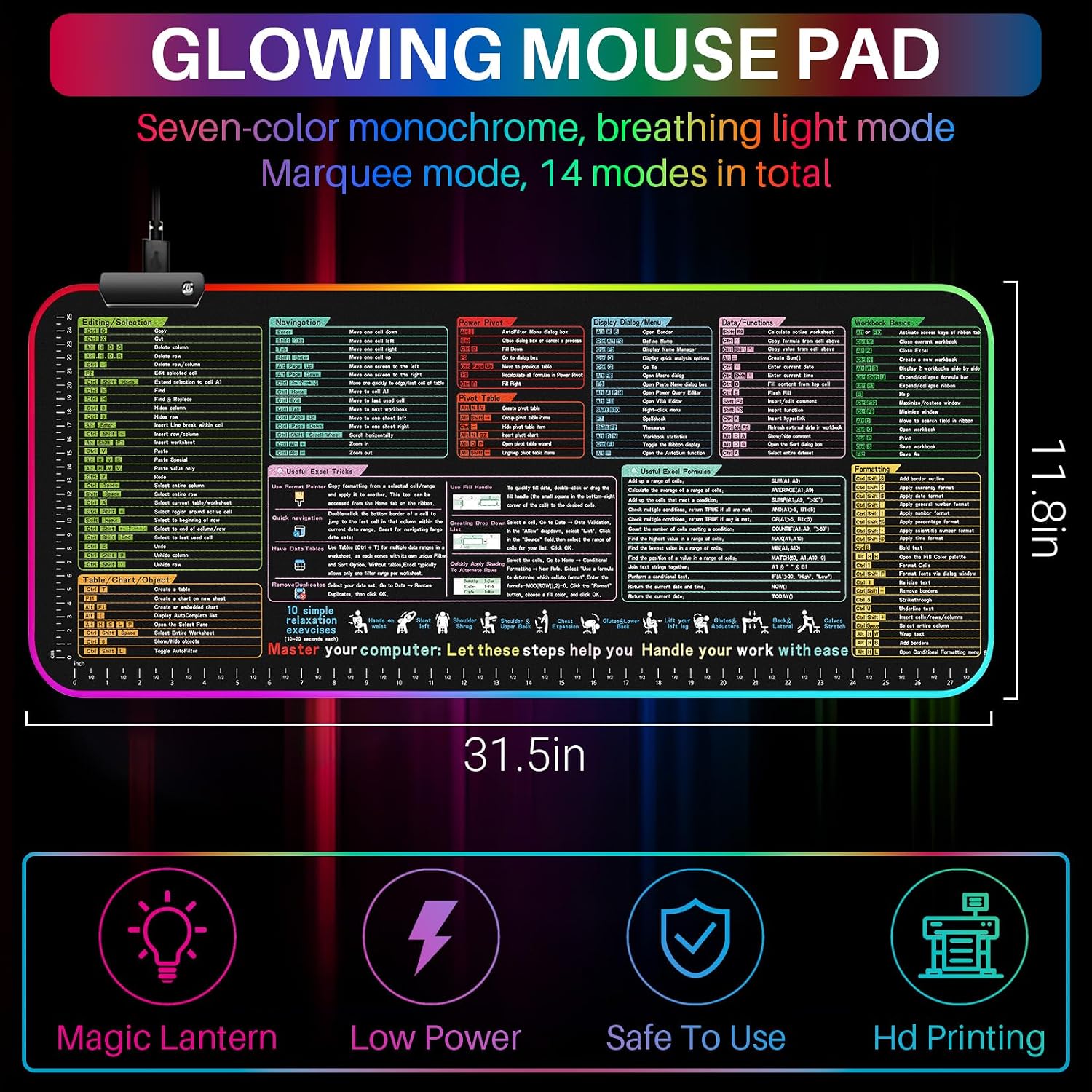 Excel/Word/Photoshop/Gmail/Windows/Midjourney Shortcut Keys Mouse Pad - Large XL Cheat Sheet Gaming Mousepad,PC Office Spreadsheet Keyboard Mat,Non-Slip Stitched Edge (Excel with 13 Light Modes) image 2