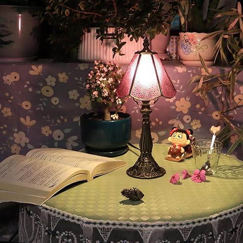 Miniatura 6 de Small Tiffany Table Lamp Purple Diamond Style Stained Glass Desk Lamps 6X6X14 Inch Bronze Resin Base Antique Mini Accent Light Purple Diamond,Sea