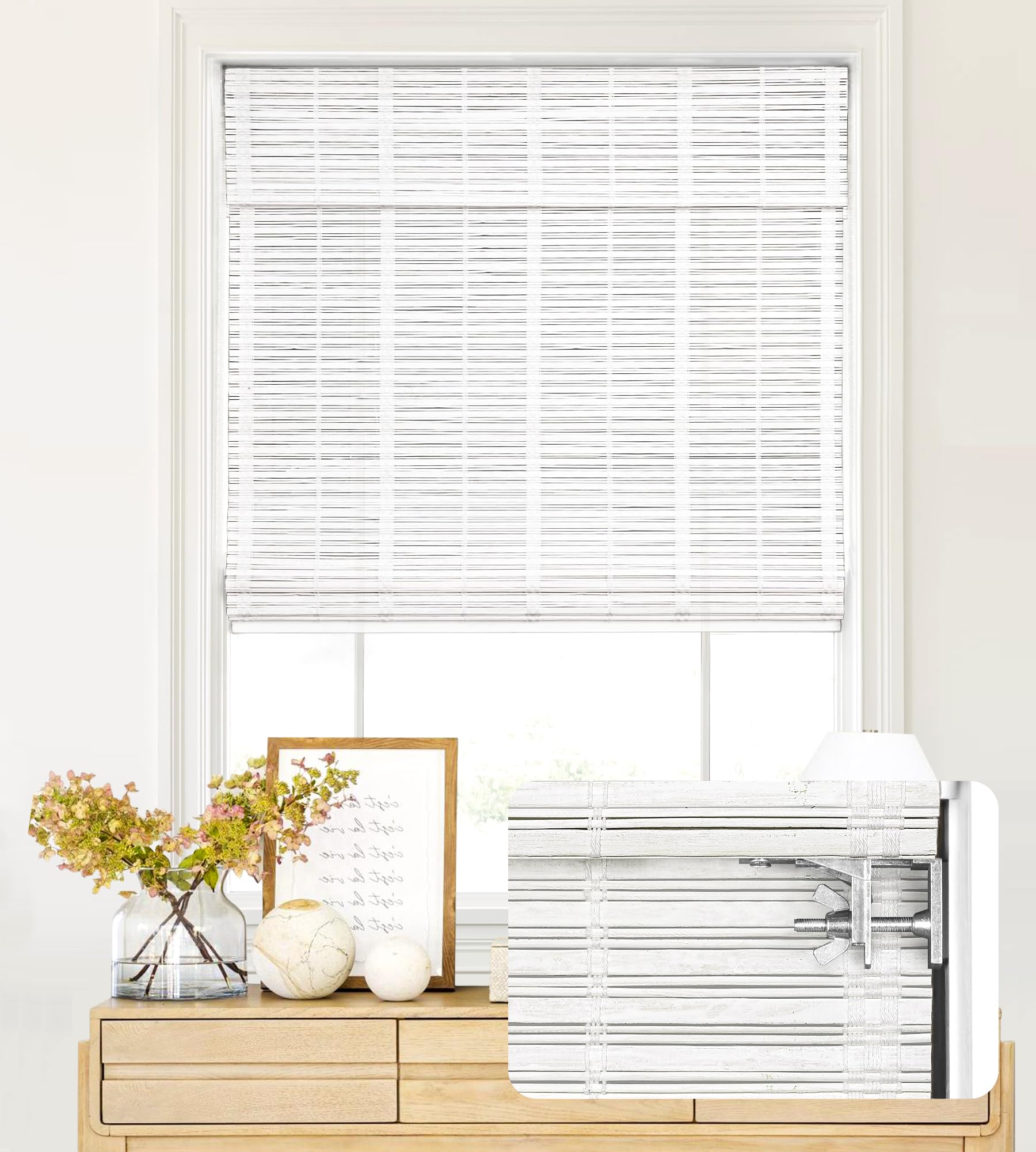 LazBlinds No Tools No Drill Cordless Bamboo Roman Shades, Light Filtering Window Treatment, Roll Up Bamboo Blinds for Windows 39'' W x 48'' H, Whitewash T