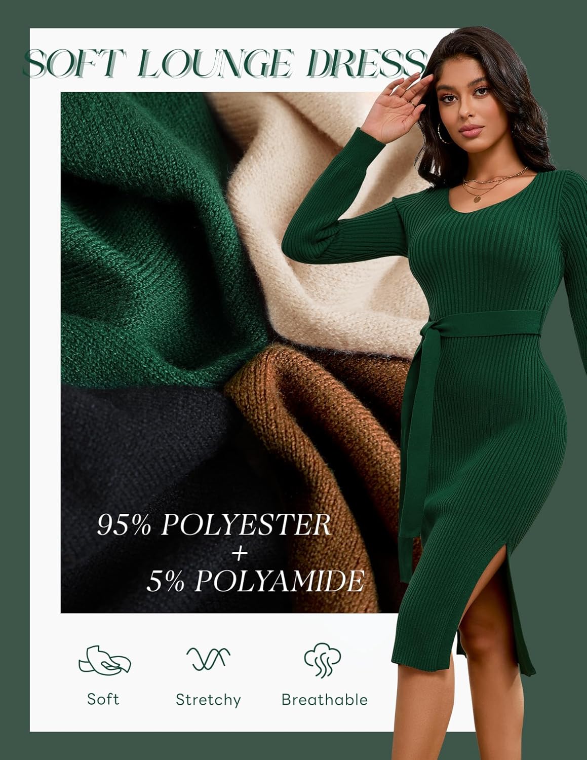 Dressystar Women's Fall Ribbed Knit Sweater Dress CrewNeck Long Sleeve Tie Waist Slim Fit Bodycon Midi Dress - Image 4