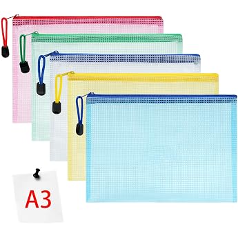 Vicloon Document Wallet A3 Mesh Plastic Zip Bag Colourful 5 Pieces