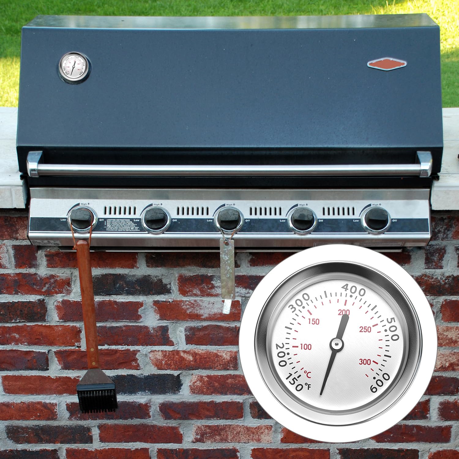 QWORK 60540 7581 Termometr do grilla kompatybilny z grillem Weber Weber Spirit 200 i 300, seria Q, Ø 4,6 cm, stal nierdzewna