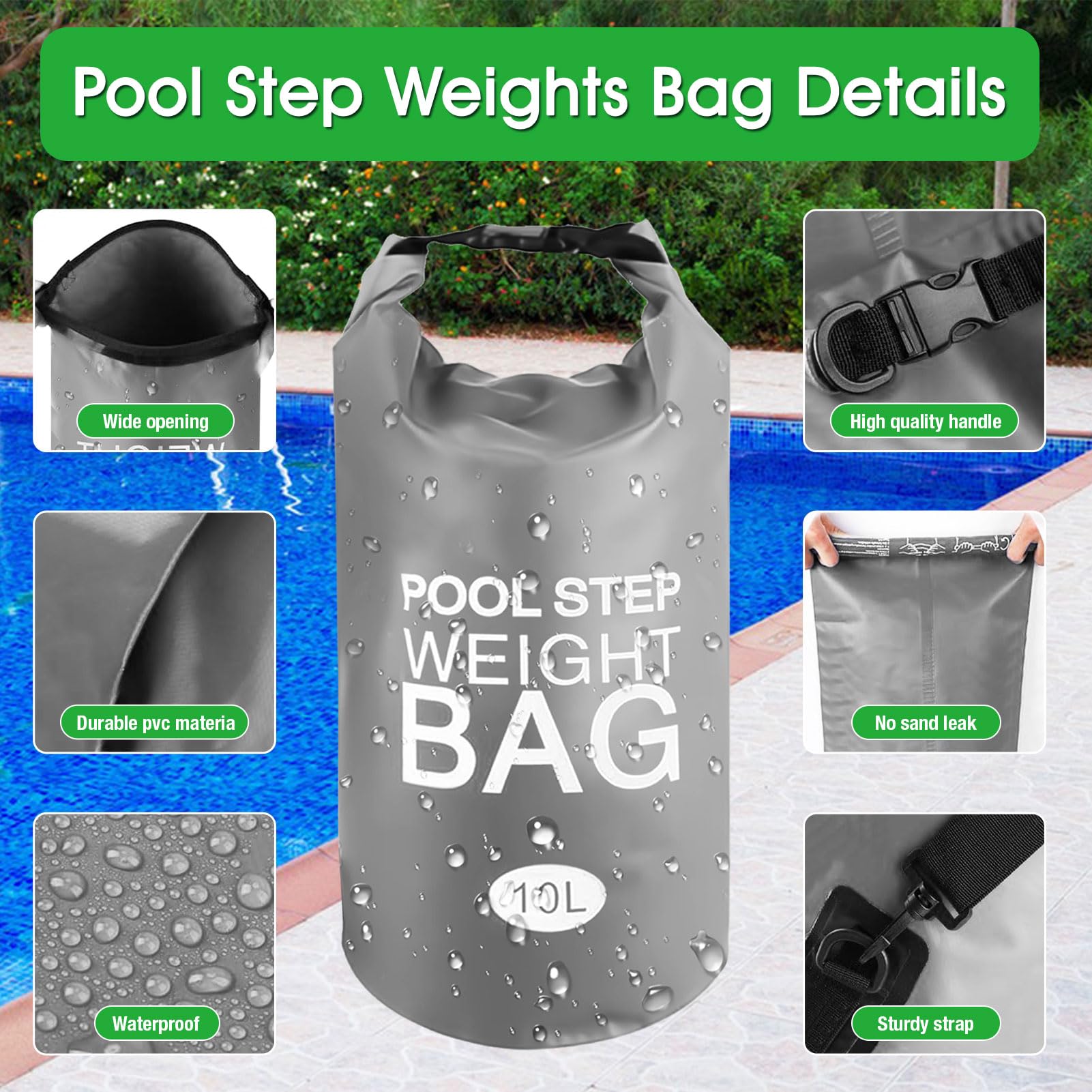 2 Sacs à Sable Pour Échelle De Piscine - PVC Étanche 500D - 10 Litres - Avec Crochets - Remplissage Facile - 3