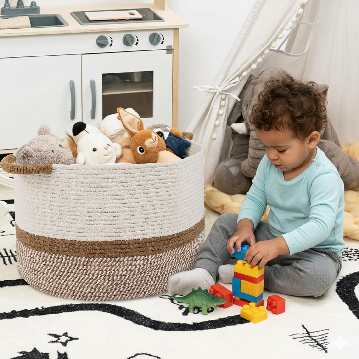 Large Blanket Basket with Handle(16''x12''), Cotton Rope Woven Hamper, Laundry Basket for Clothes, Nursery, Laundry Room, Bedroom, Toy Storage, Pillow Organizer & Gift (White/Brown)