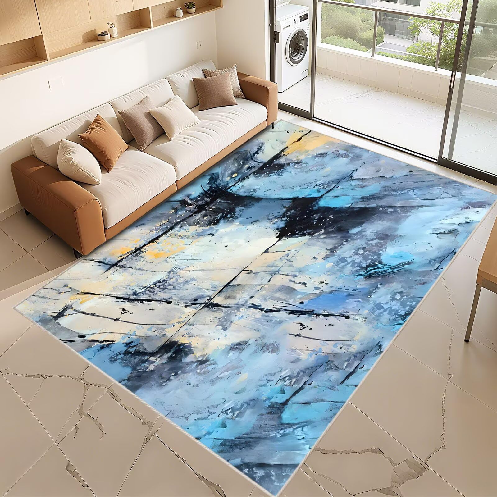 Tapis bureau lavable bleu 80x120cm poil ras conception encre abstraite