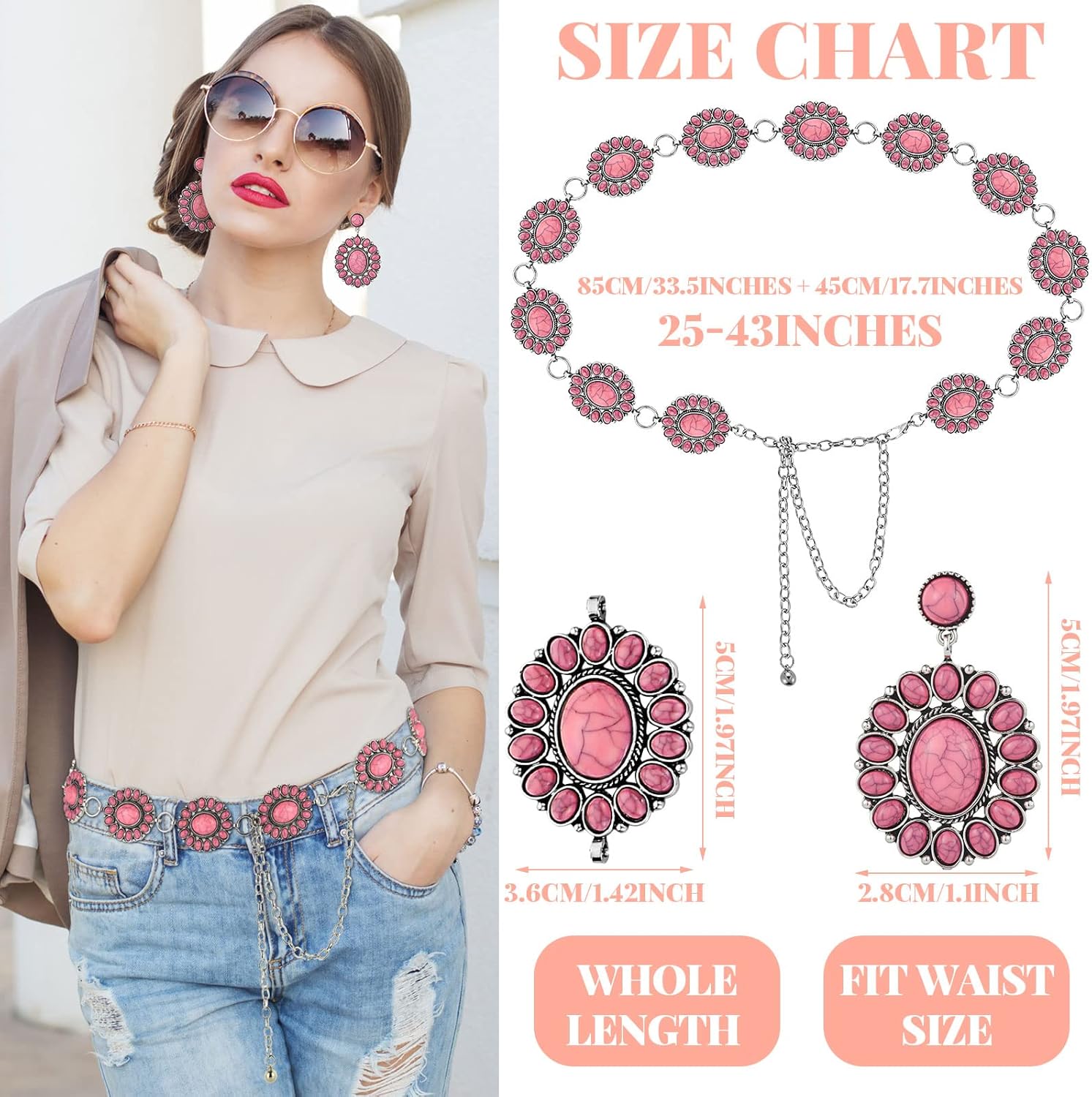 Kenning Turquoise Concho Chain Belt Metal Western Waist Belts for Women Boho 1.2 x 2 Inch Turquoise Drop Statement Post Earrings