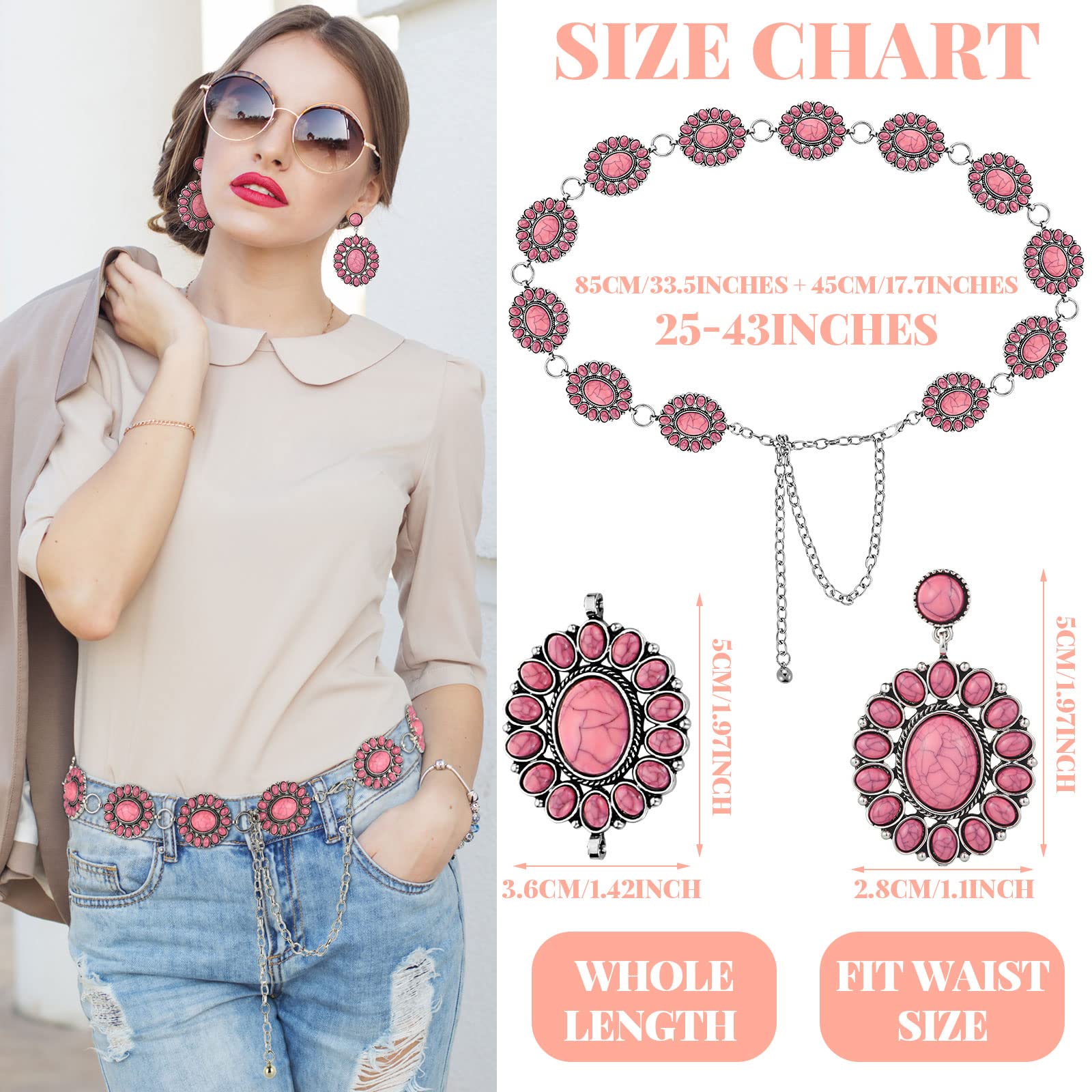 Cinturón de cadena de concha turquesa de metal occidental para mujer, estilo bohemio, 1.2 x 2 pulgadas, aretes de gota turquesa, [Metal, Turquesa artificial] 2
