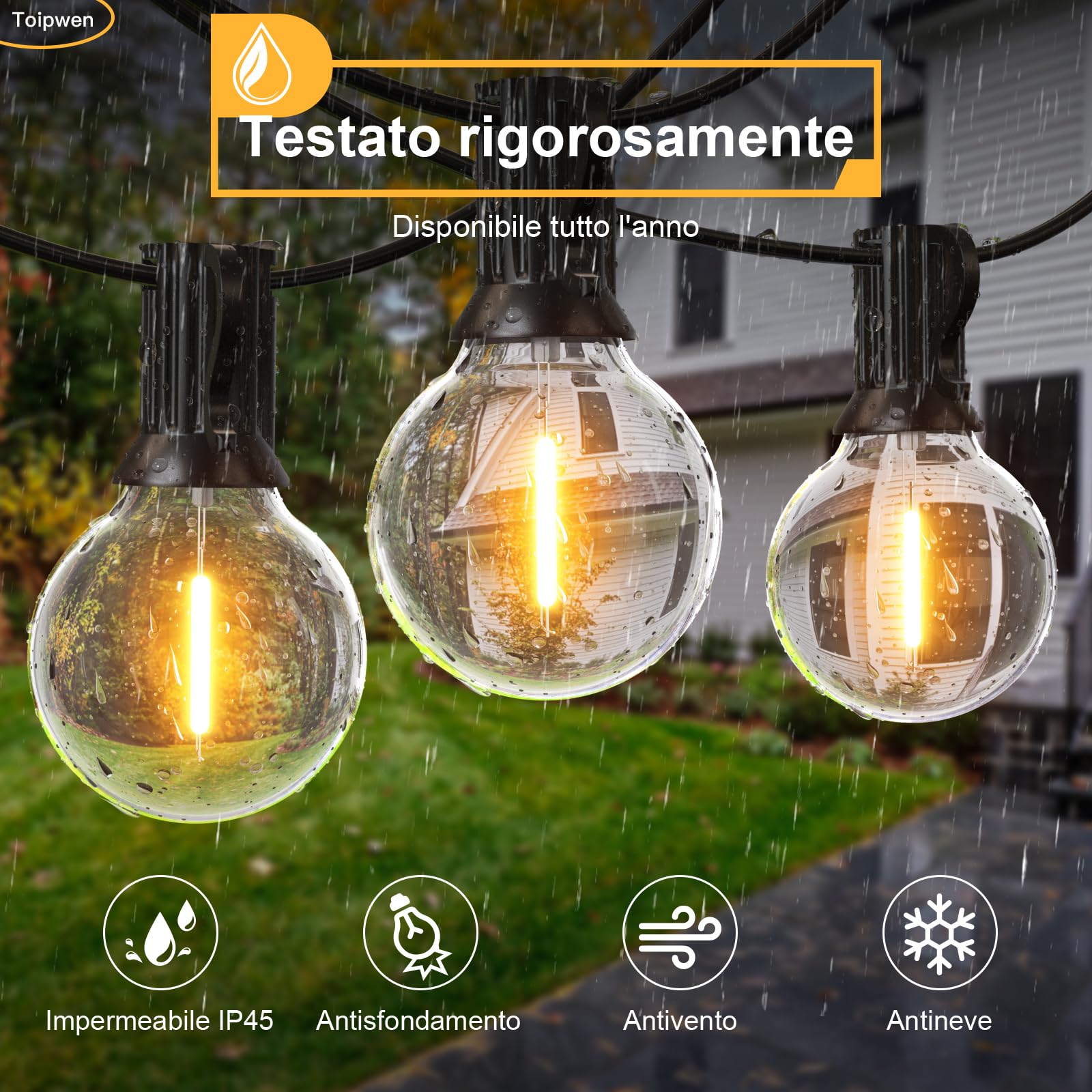 Toipwen Catena Luminosa Esterno, 30M Luci da Esterno Giardino con 50+2 Lampadina di Plastica, IP45 Impermeabile, Bianco Caldo 2700K, Decorazione Esterni Interni per Giardini, Terrazze, Feste