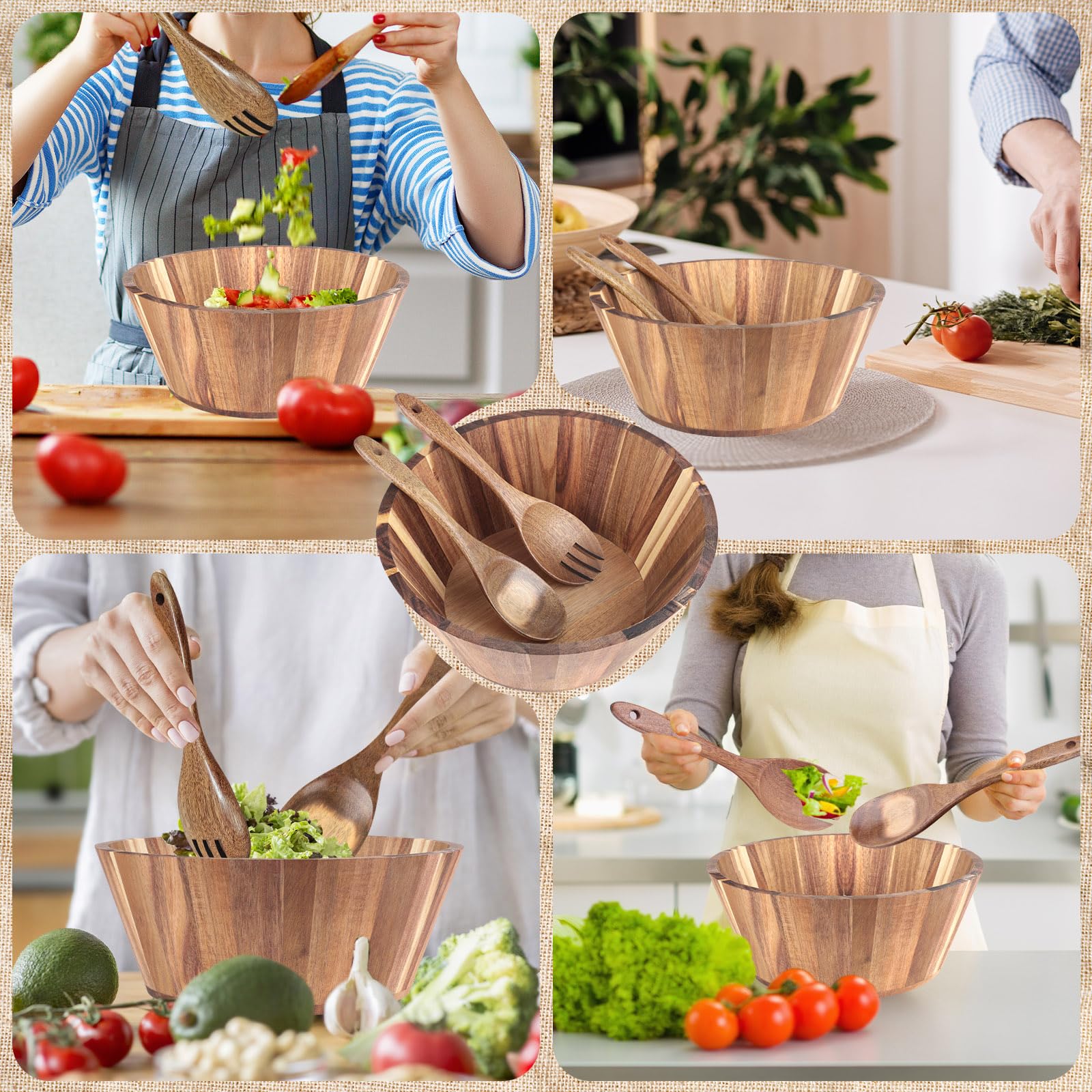 Juego de 3 cuencos de ensalada de madera de acacia de 11.8 pulgadas, cuenco grande con utensilios de servir, tenedor y cuchara para mezclar frutas, cereales, cocina, fiesta en casa (3