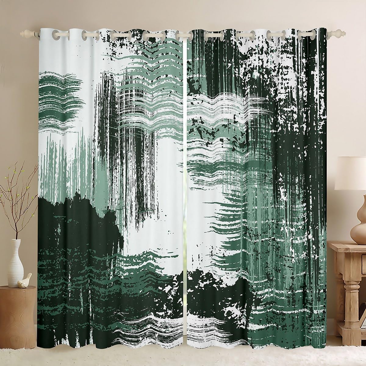 Manfei Abstract Blackout Curtain Modern Abstract Art Window Treatments, Grunge Style Green Black Grey Window Drapes for Kids Boy Children Grommet Top 2 Panel Set Bedroom Curtains, 38Wx45L inch
