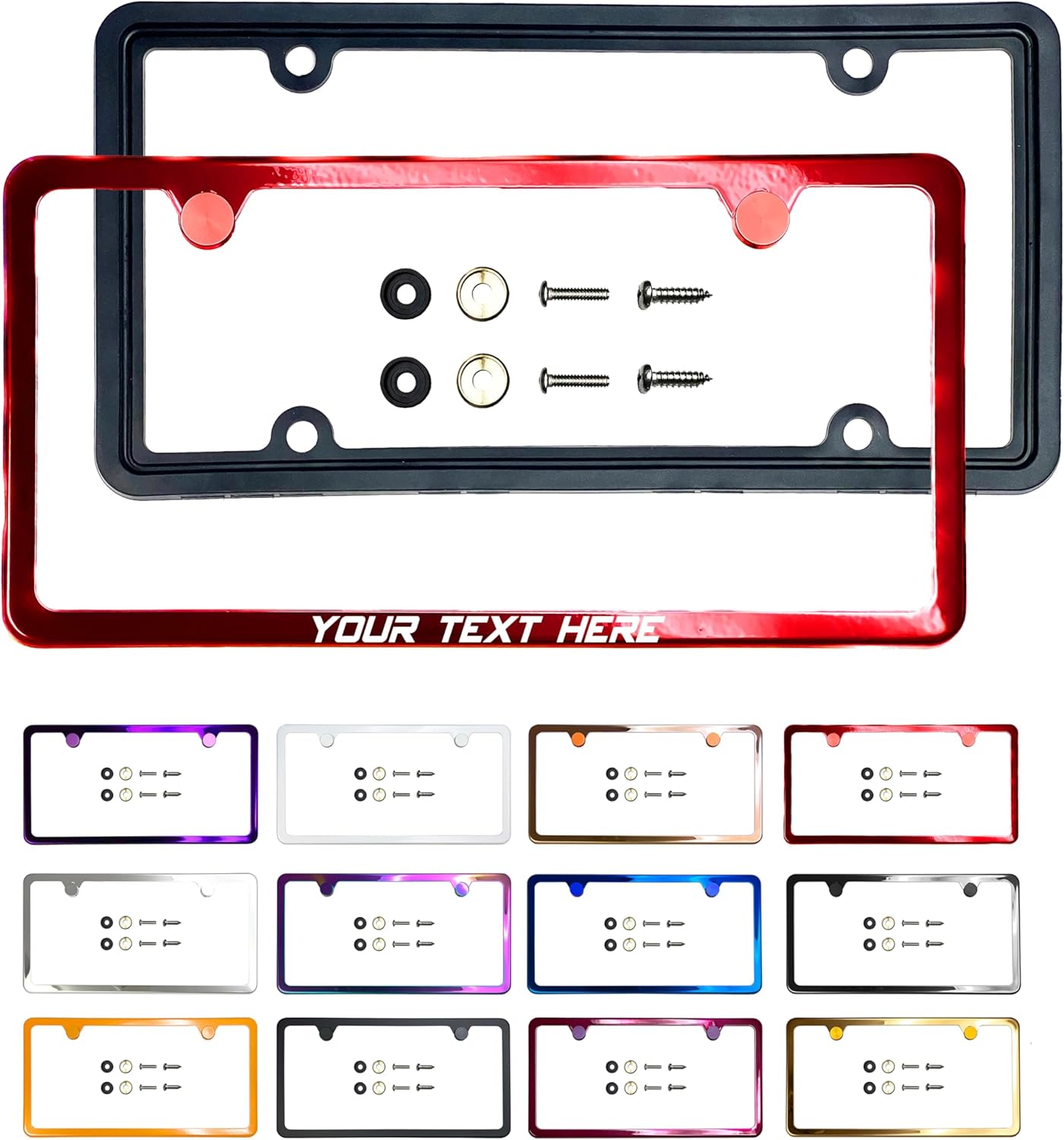Customized Laser Etched Candy Red T304 Stainless Steel License Plate Frame 2 Holes Slim, Universal Fit, Aluminum Screw-On Cap Cover -, Rust-Proof, Weather-Proof - Includes Screws (Qty: 1 Frame)