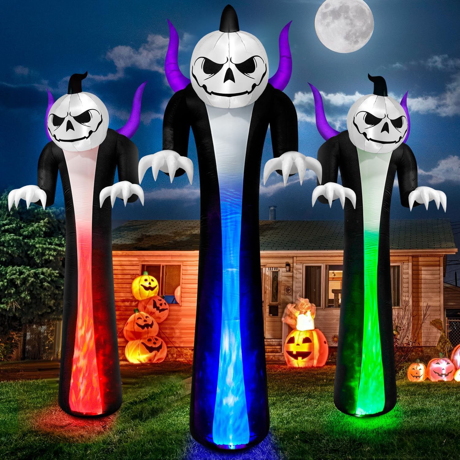 12FT Halloween Inflatables Decoration Outdoor Giant Pumpkin Reaper Ghost Built-in 3-Colored Rotation Flame LED Halloween Blow Up Yard Decorations Spooky Outdoor Party Yard Lawn