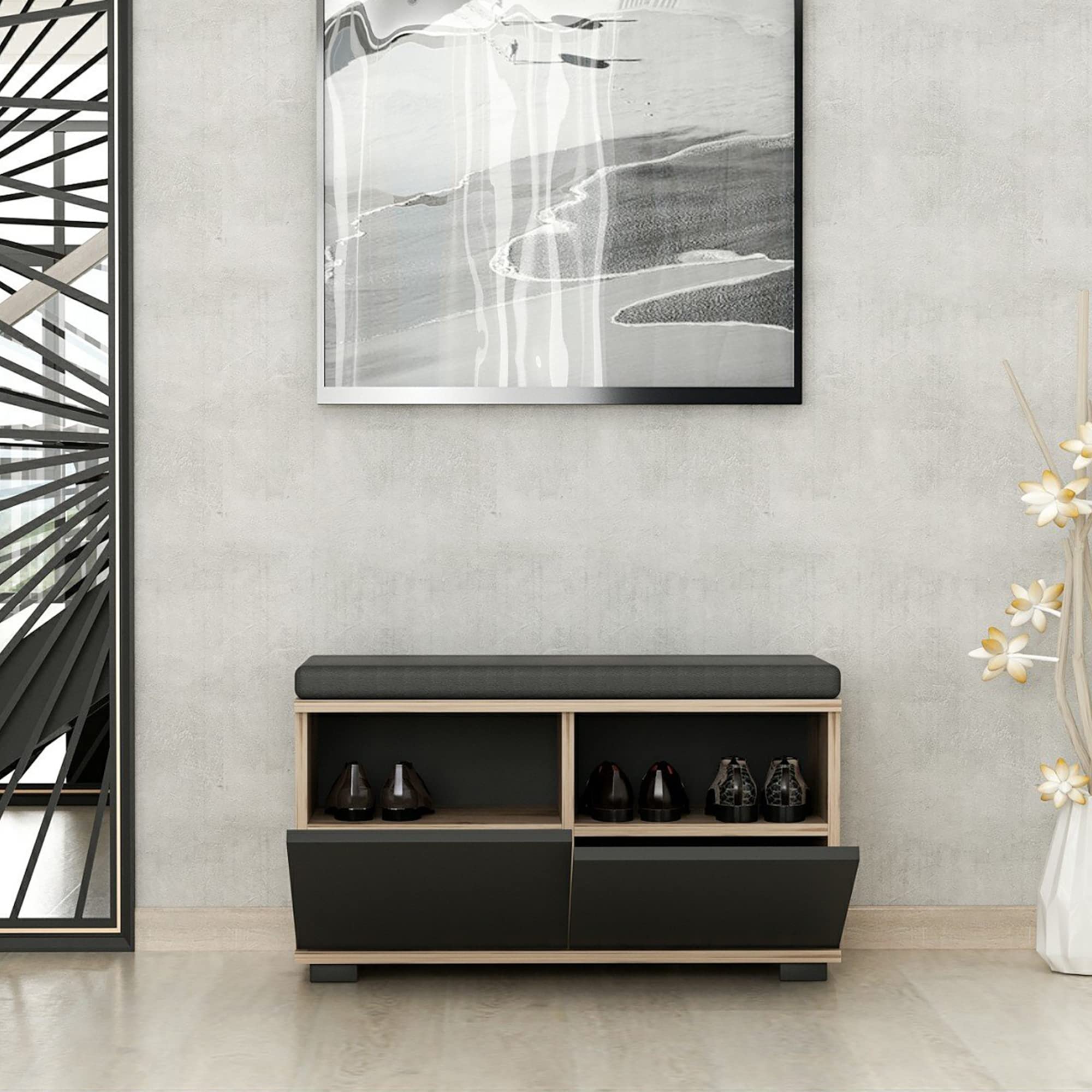 [en.casa] Panca Portascarpe con Seduta Imbottita 4 Scomparti e 2 Ante a Ribalta Mobile Scarpiera da Ingresso Corridoio 42 x 80 x 35 cm Effetto Rovere/Nero