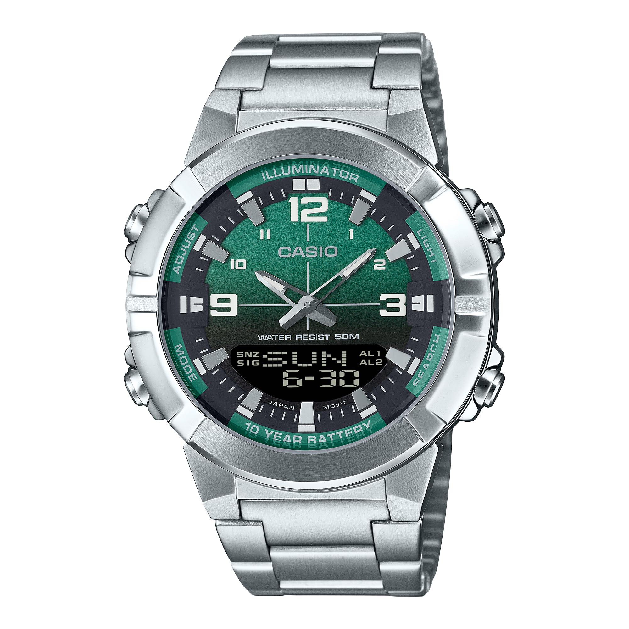 Casio AMW870DA-3AV Men's Stainless Steel Green Dial Analog Digital Dual Time Zone Watch