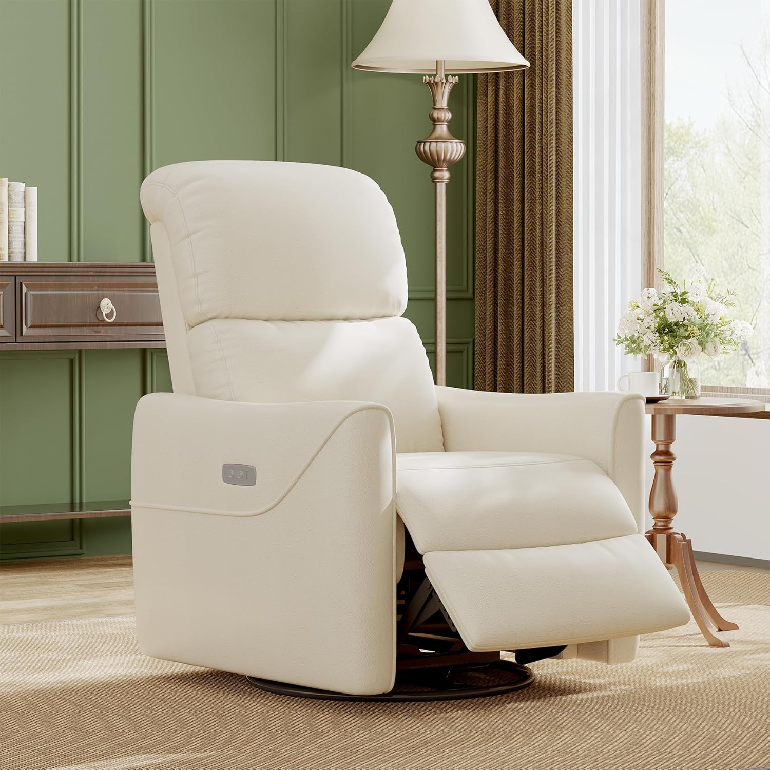 IDEALHOUSE PU Leather Power Swivel Glider Recliner Chair Nursery Electric Rocker Recliner Chair with Lumbar Support & USB Port for Living Room Bedroom and Nursery (Mid-Century Modern, Beige)