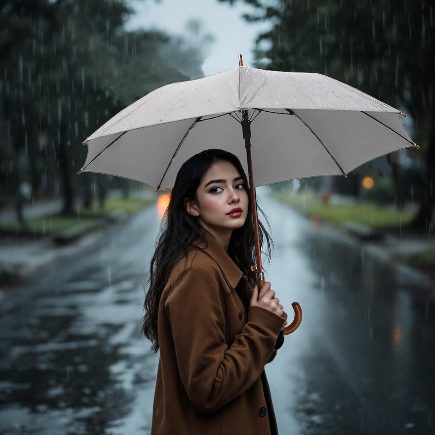 SoulRain 48" Large Umbrella –Windproof Stick Umbrellas for Rain, Automatic Open, Vintage Cane Grey big Umbrella with Classic Wooden Handle,Open for 2 Persons adult,for Women & Men(Grey) - Image 3