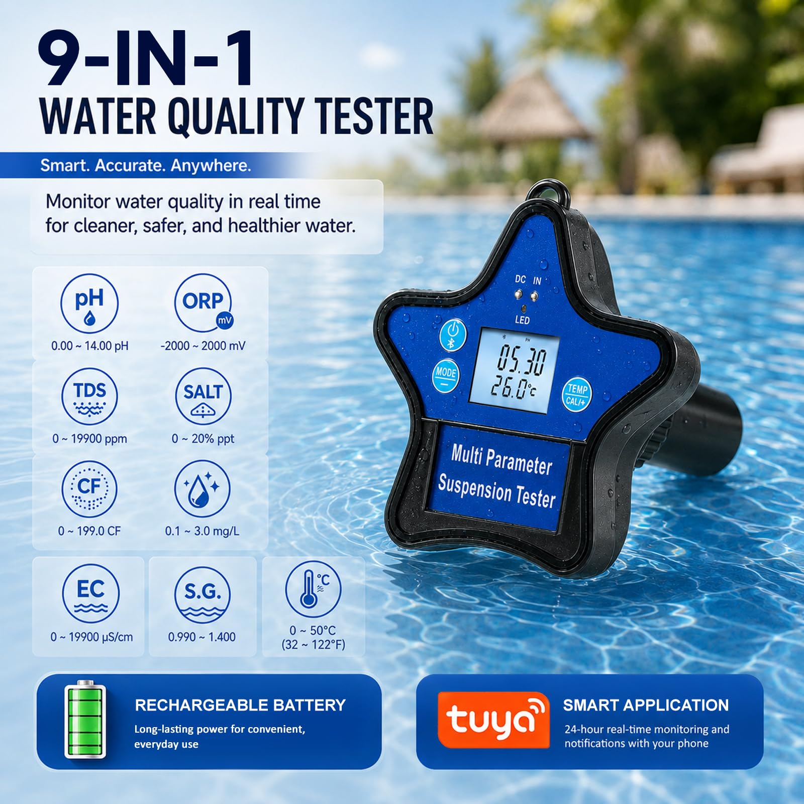 Tester Qualité Eau Flottant 9-en-1 | Moniteur Piscine & Hydroponie pH, ORP, CL, EC, CF, TDS, Sel, S.G. & Temp | Design Flottant Rechargeable avec Écran LCD Rétroéclairé & Suivi par Appli